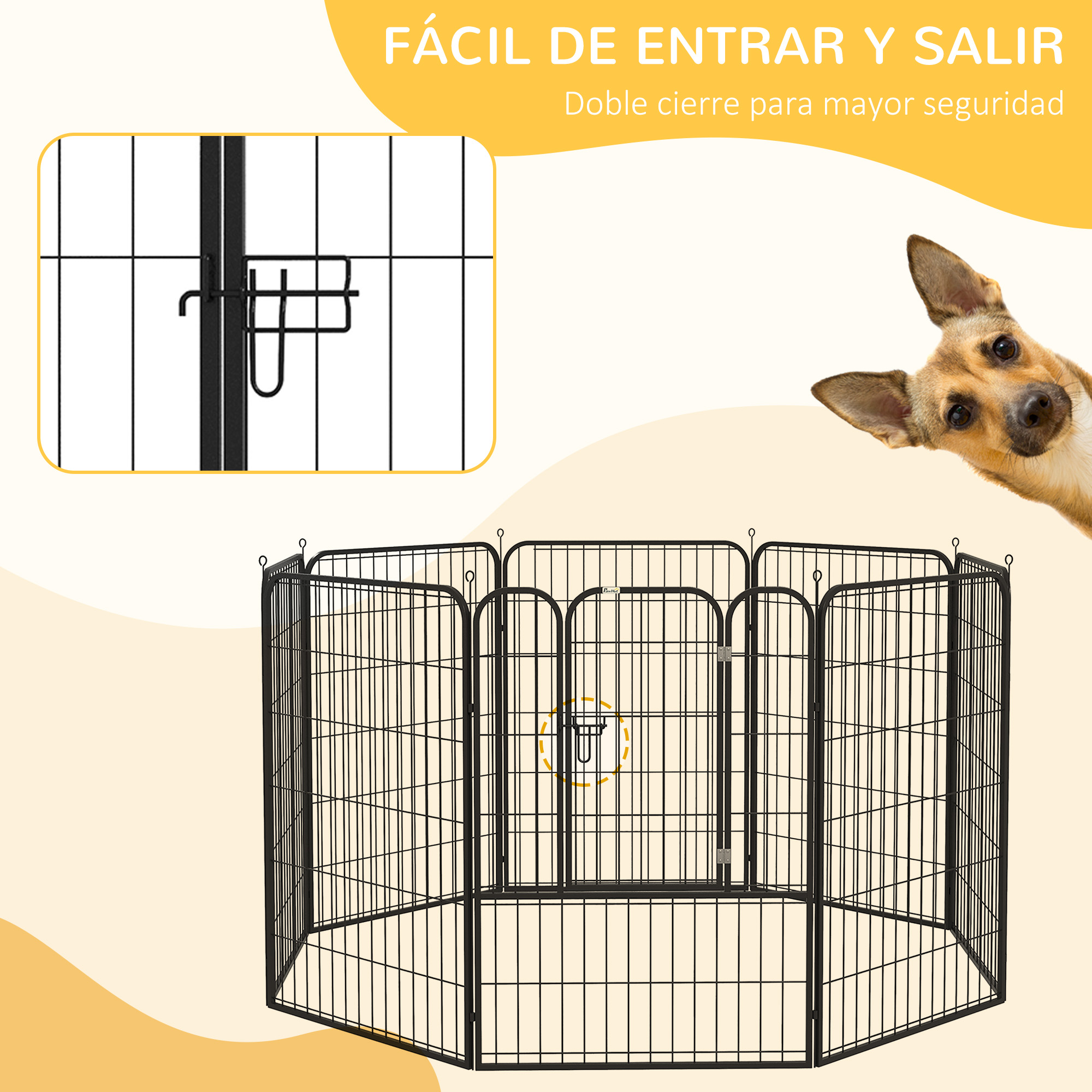Valla metálica negra para mascotas con un perro asomando por el lado derecho, y un primer plano del cierre.