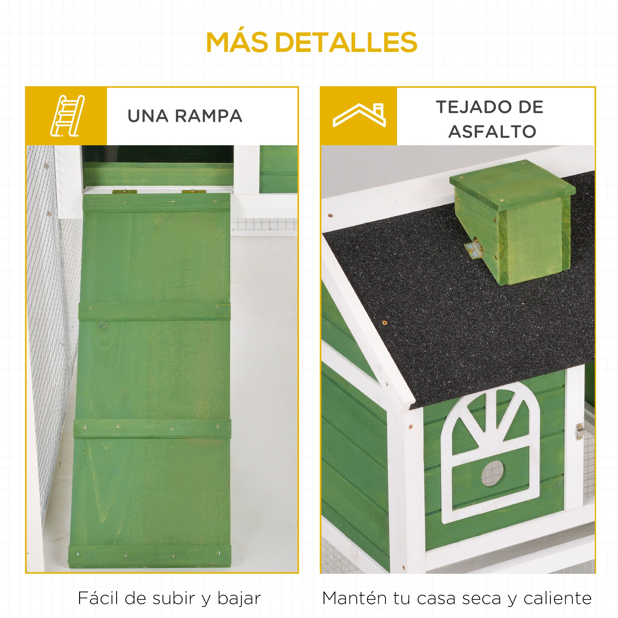 Primeros planos de la rampa verde y el techo de asfalto de un gallinero. Colores madera y verde.