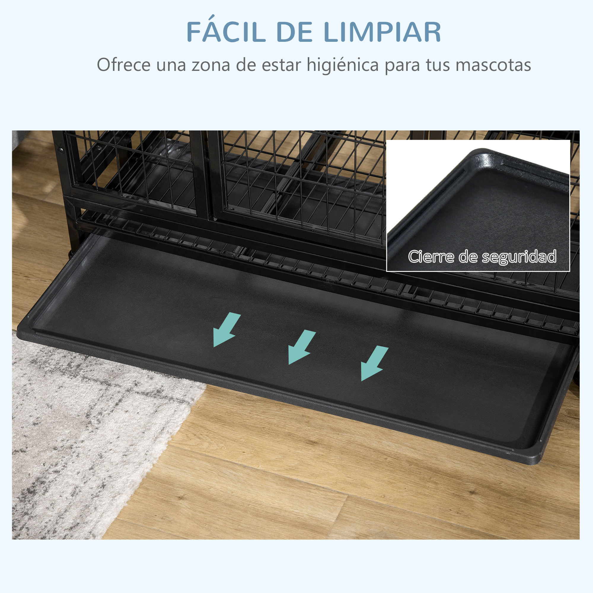 Una bandeja extraíble de una jaula para perros negra, que muestra las funciones de fácil limpieza y cierre de seguridad.
