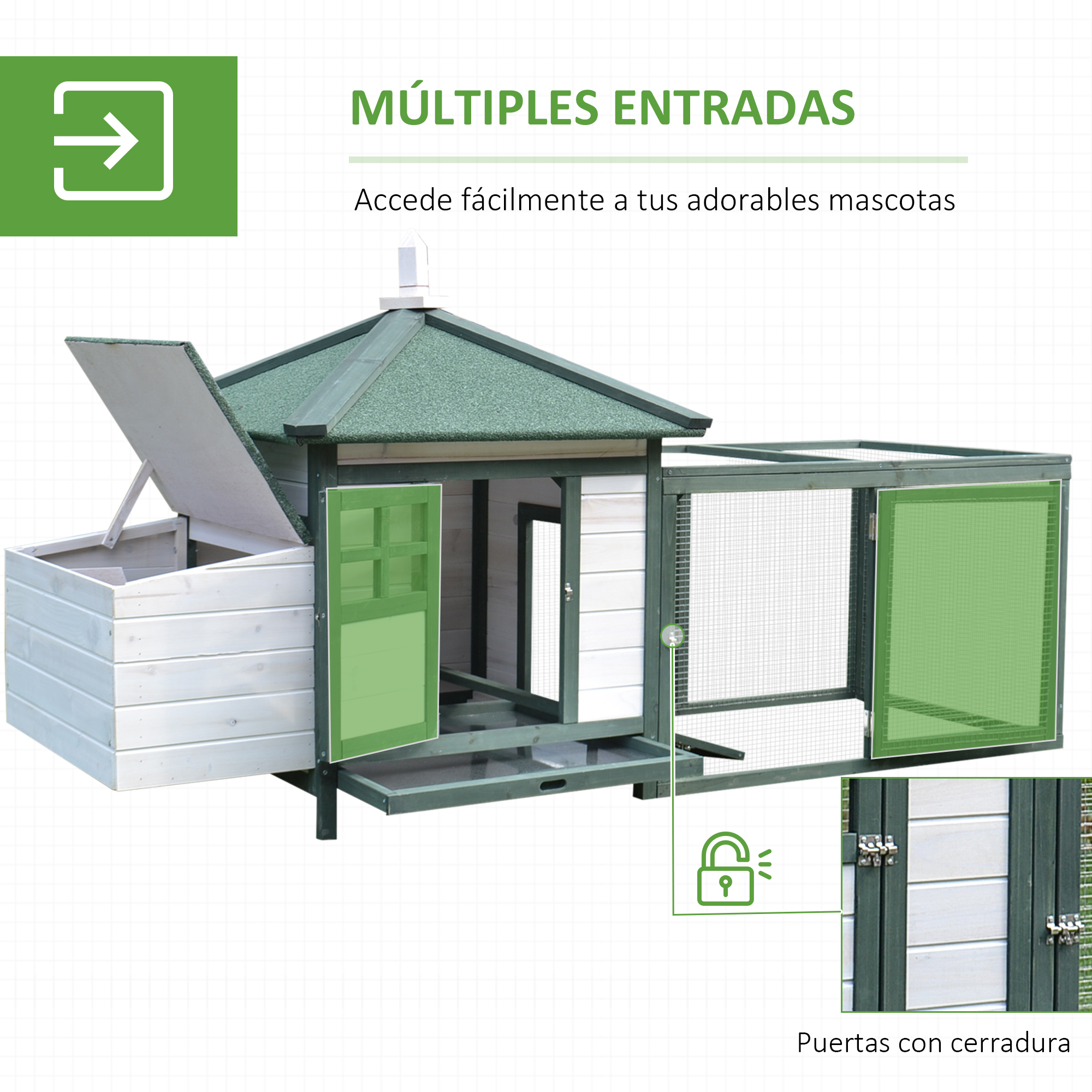 Casa de mascotas de madera con múltiples entradas y una vista detallada de una puerta con cerradura.