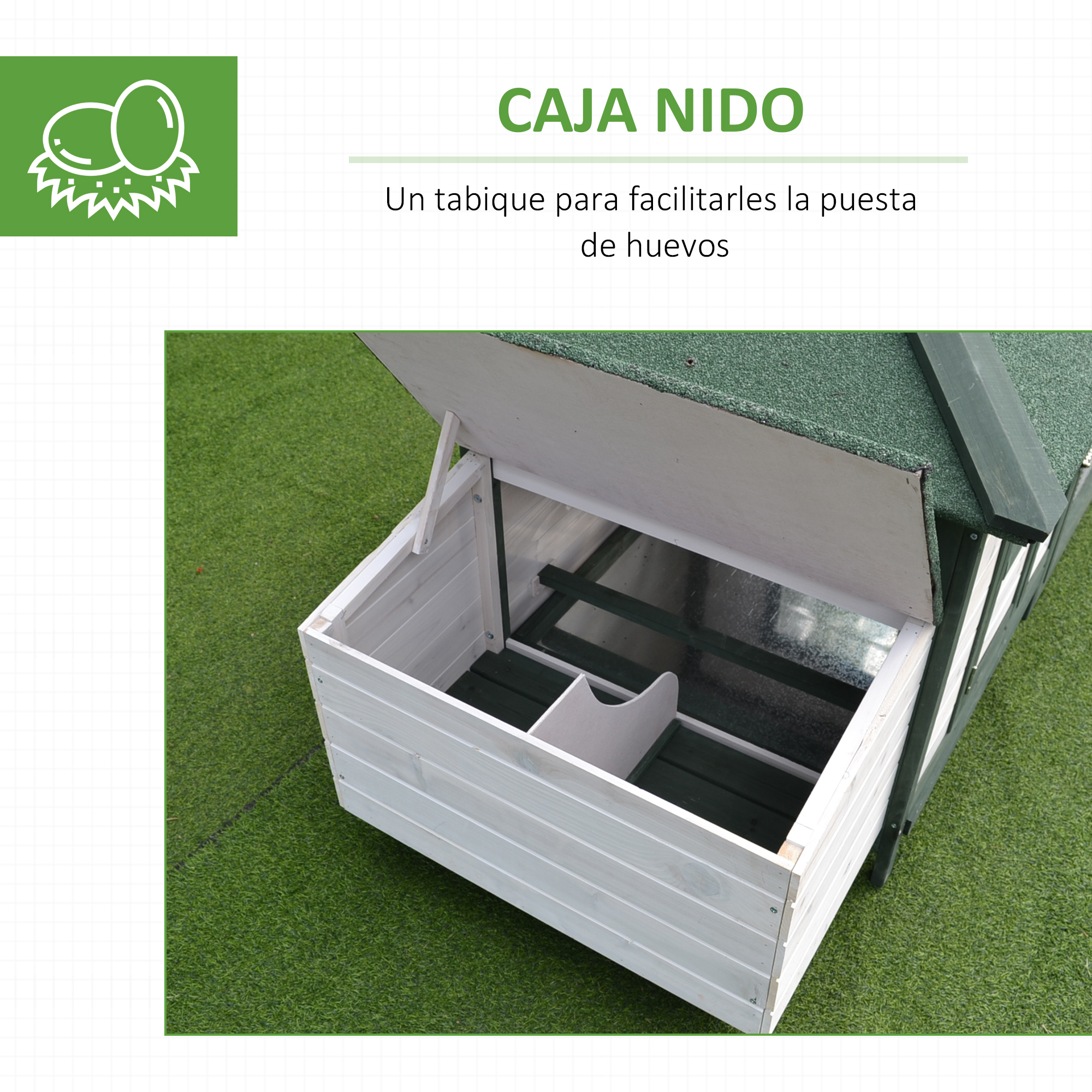 Primer plano de un gallinero. Tiene un diseño blanco y verde con una abertura para los huevos.