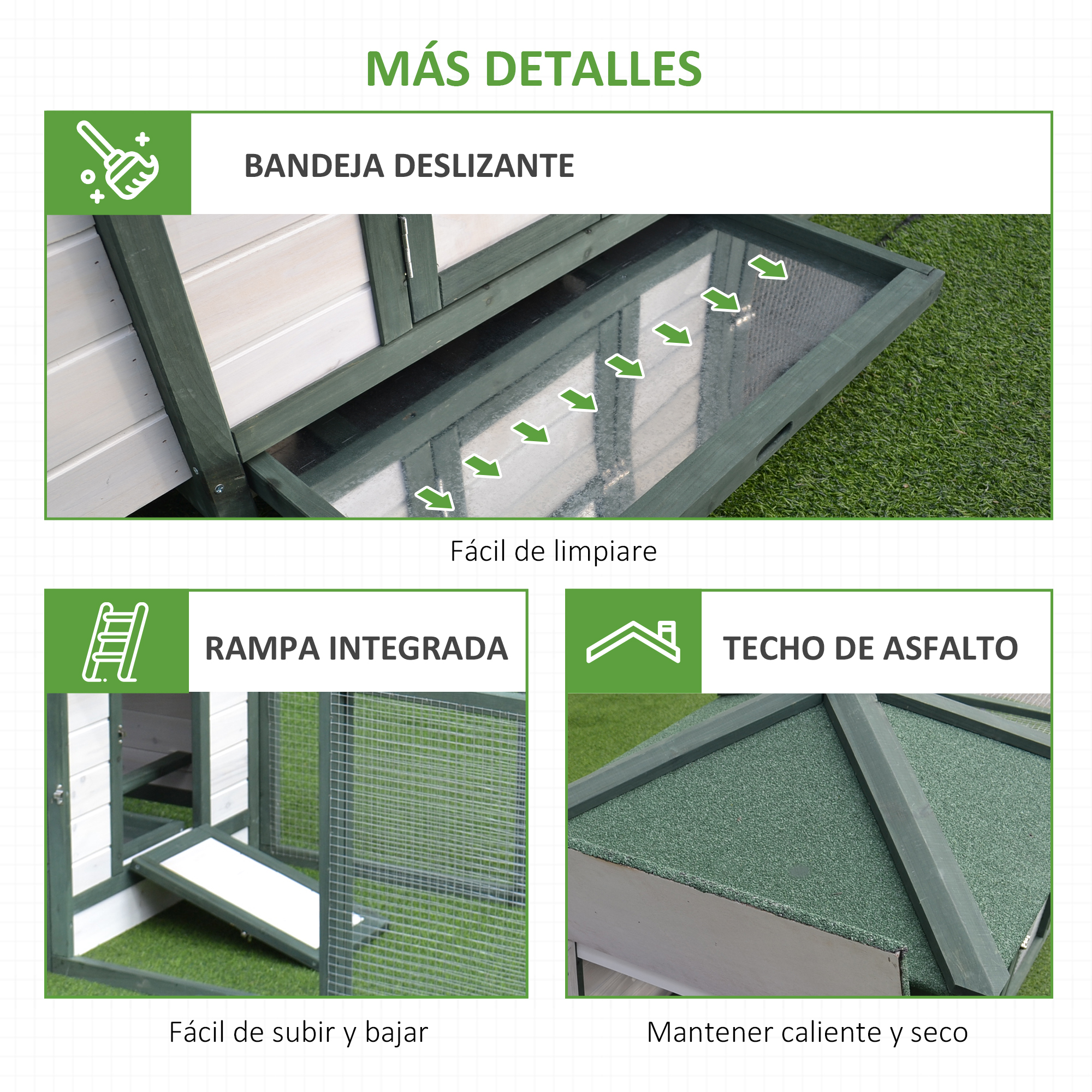 Detalles de una casa de madera: bandeja deslizante, rampa incorporada y techo asfáltico. Acentos verdes y blancos.
