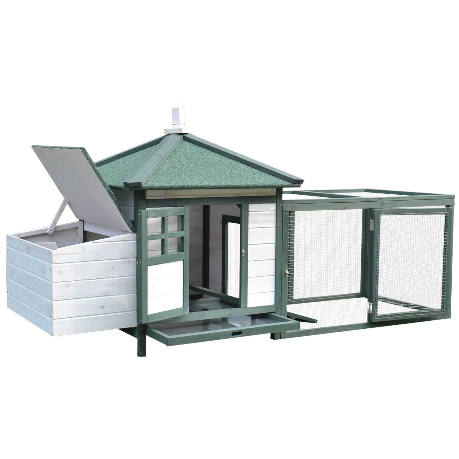 Gallinero de madera con techo verde, puertas abiertas y malla de alambre.