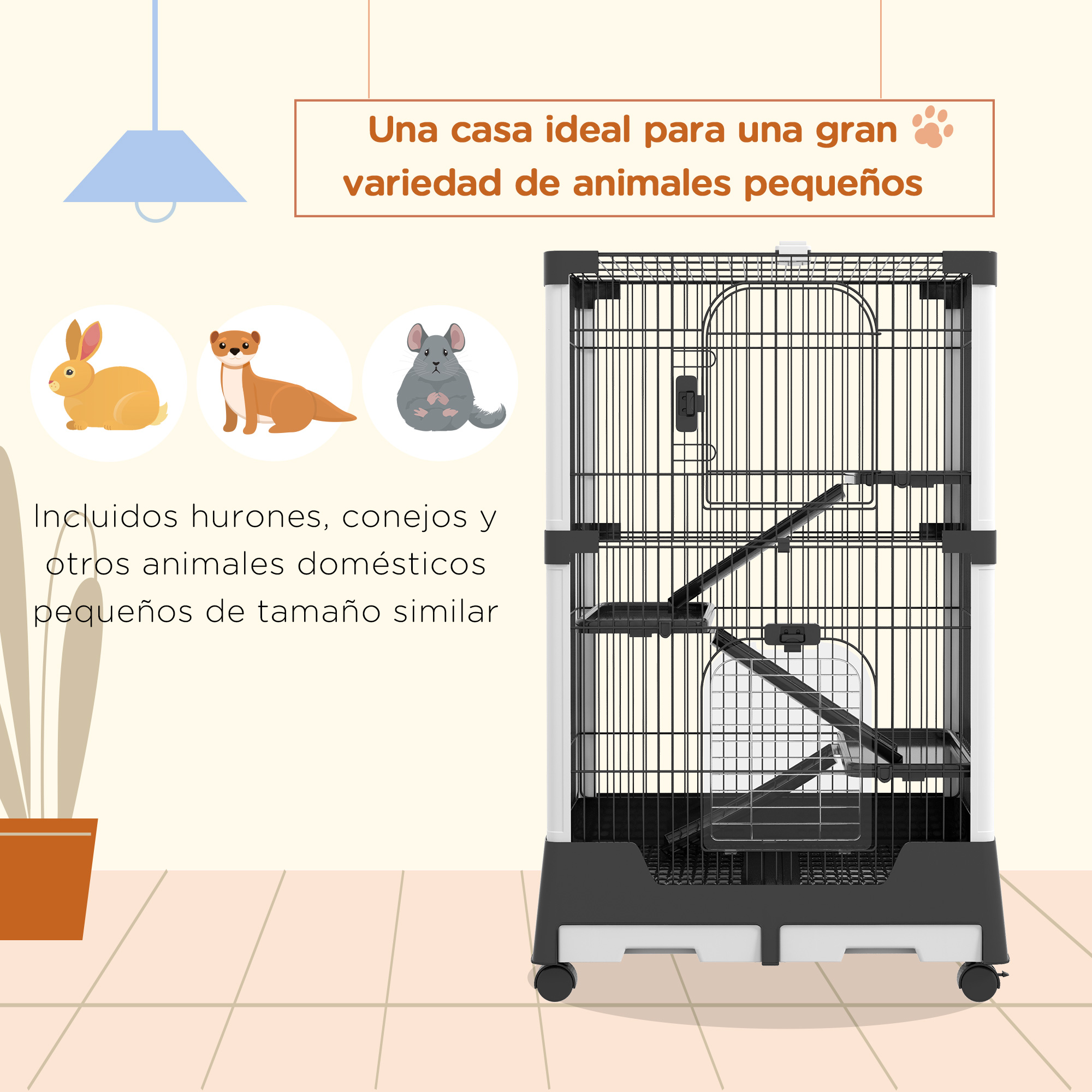Una jaula para mascotas con algunos animales pequeños como un conejo, un hurón y una chinchilla.