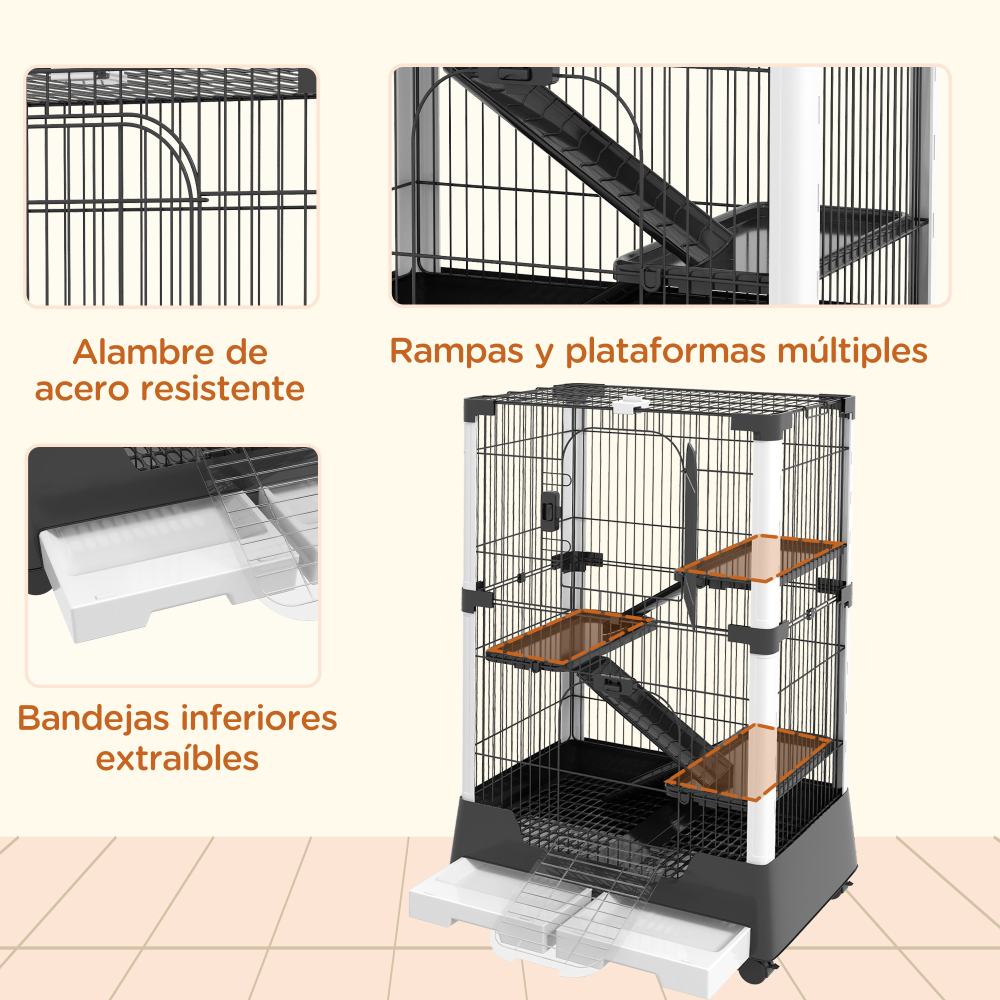 Una jaula con múltiples plataformas y rampas. La jaula es negra y blanca con una bandeja extraíble en la parte inferior.