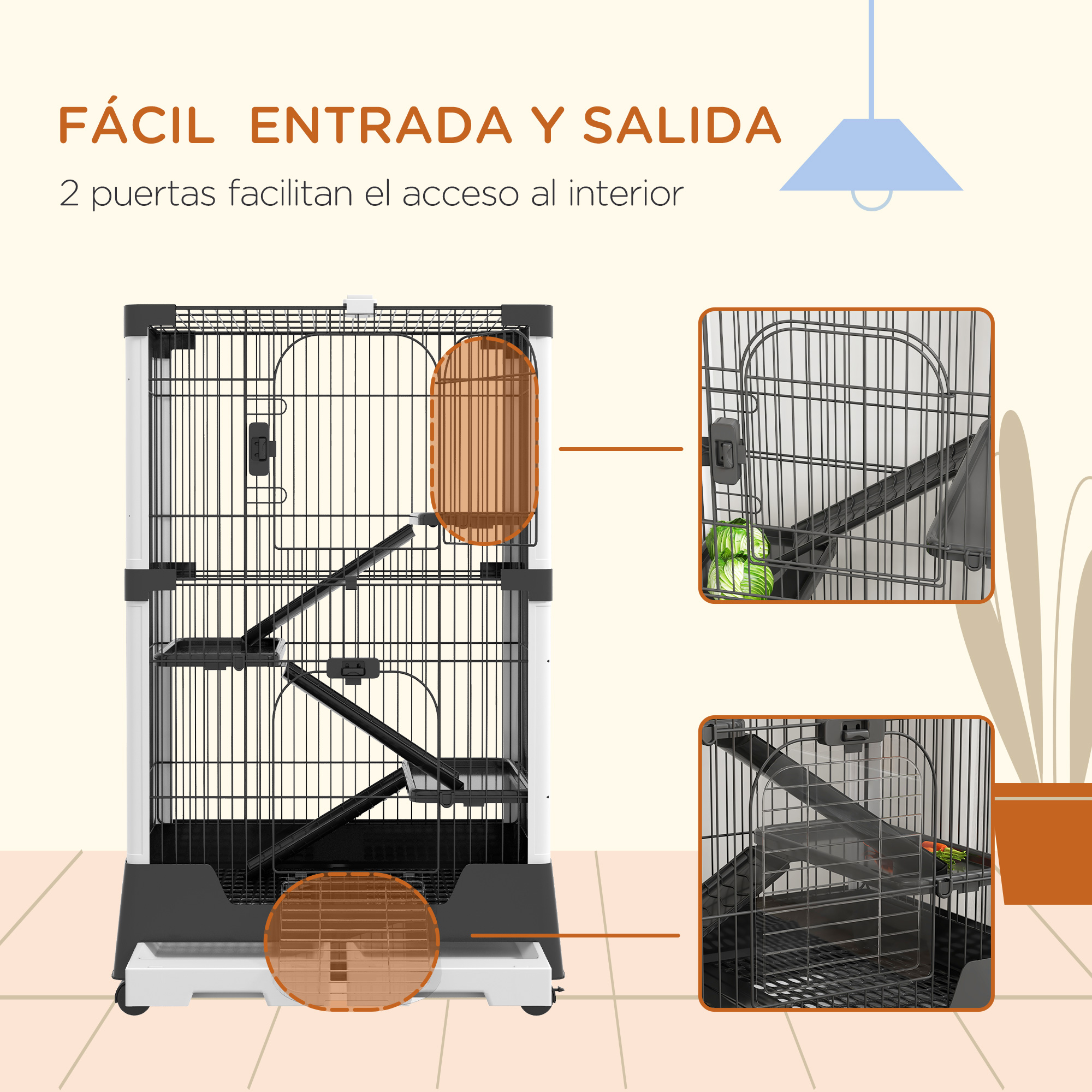 Jaula para gatos con rampas y plataformas. Dos puertas para fácil acceso. Características: alambre, rampas y base negra.