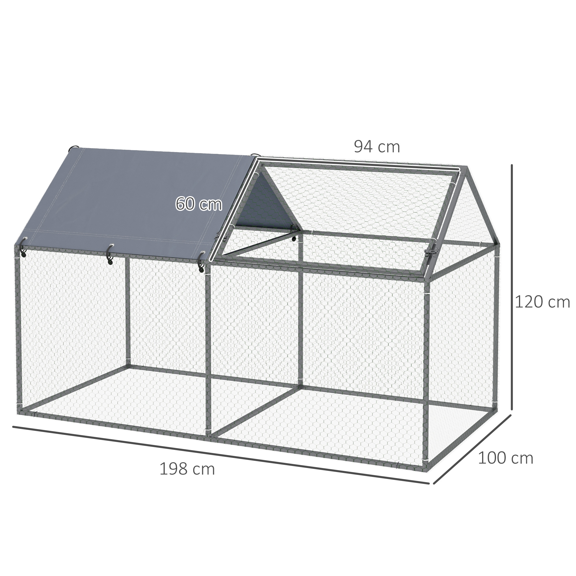 Un gran recinto rectangular para mascotas al aire libre, gris, con techo inclinado y paredes de malla metálica.