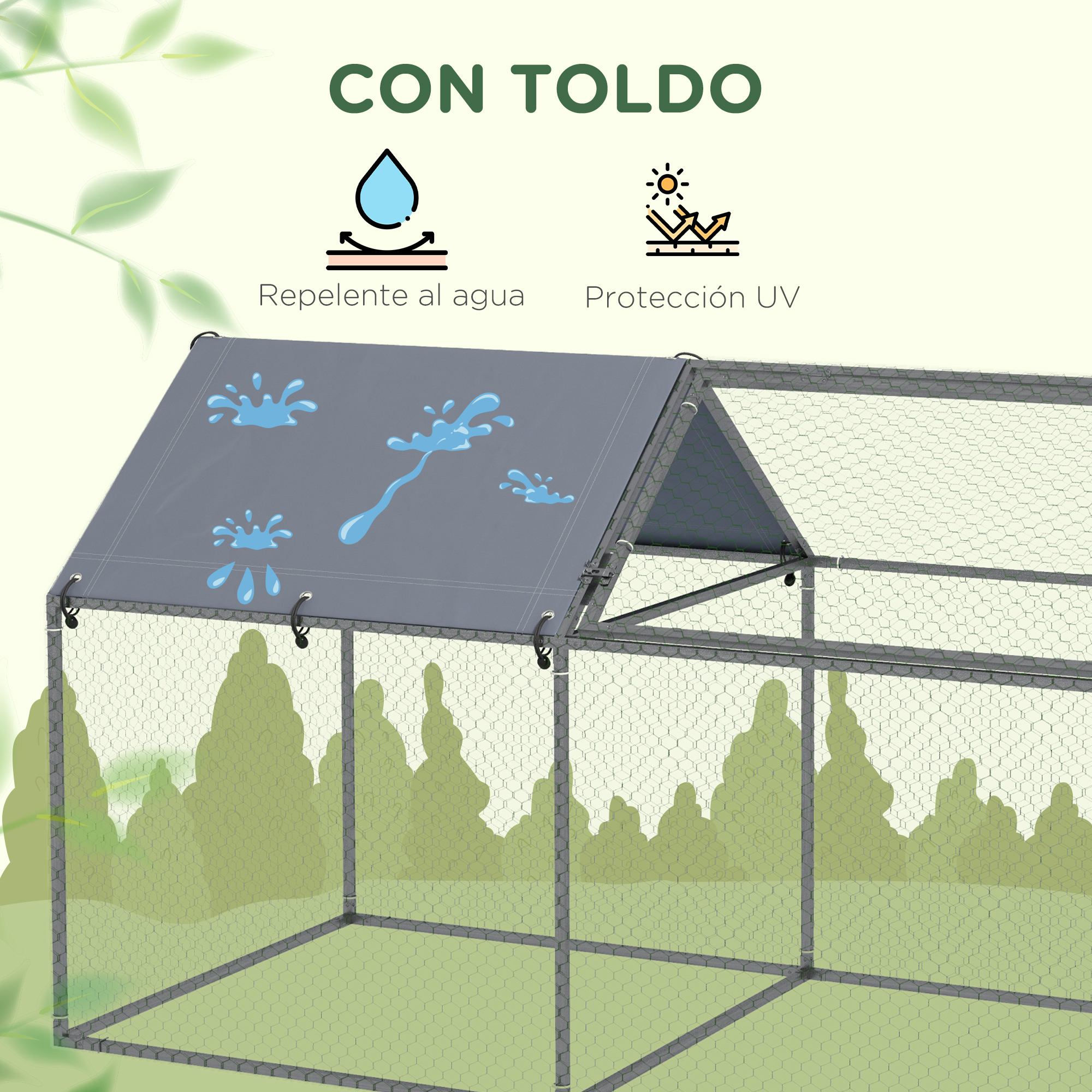 Primer plano del techo de un gallinero con iconos de protección contra agua y UV. Texto en español.