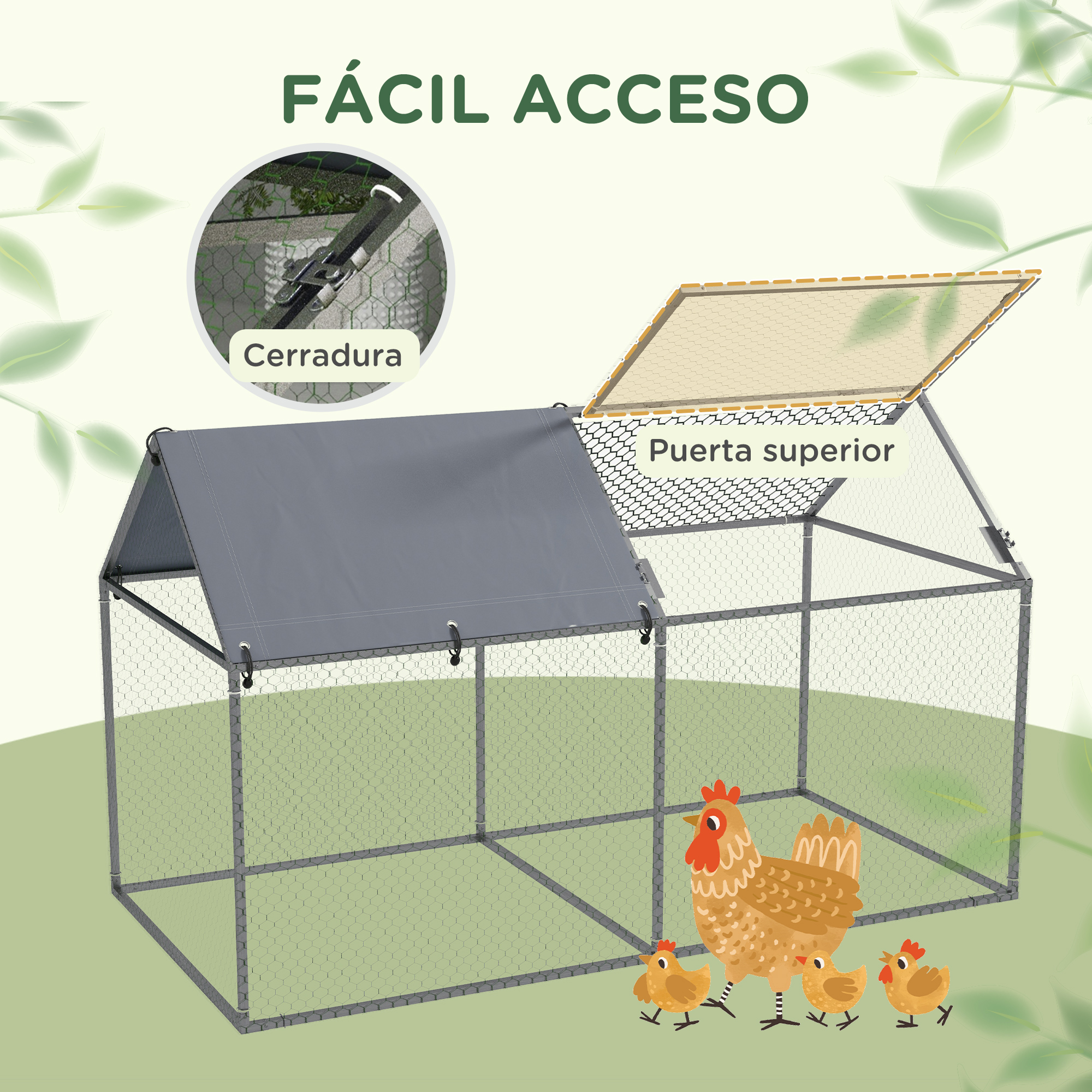 Gallinero. Una gallina con polluelos está frente a la jaula. La jaula tiene un techo gris y una puerta.