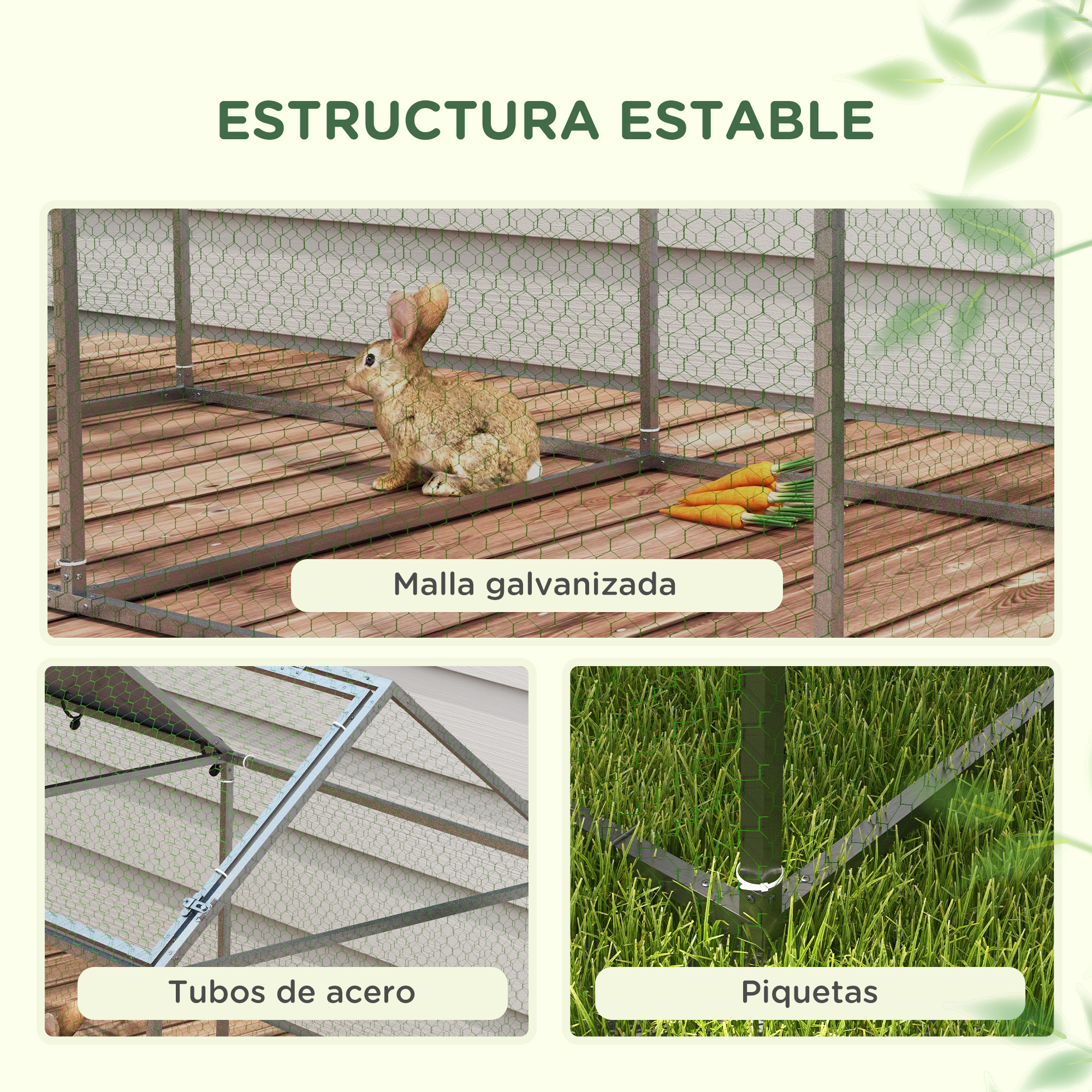 Un conejo dentro de una jaula de metal con suelo de madera. Las zanahorias se colocan cerca del conejo.