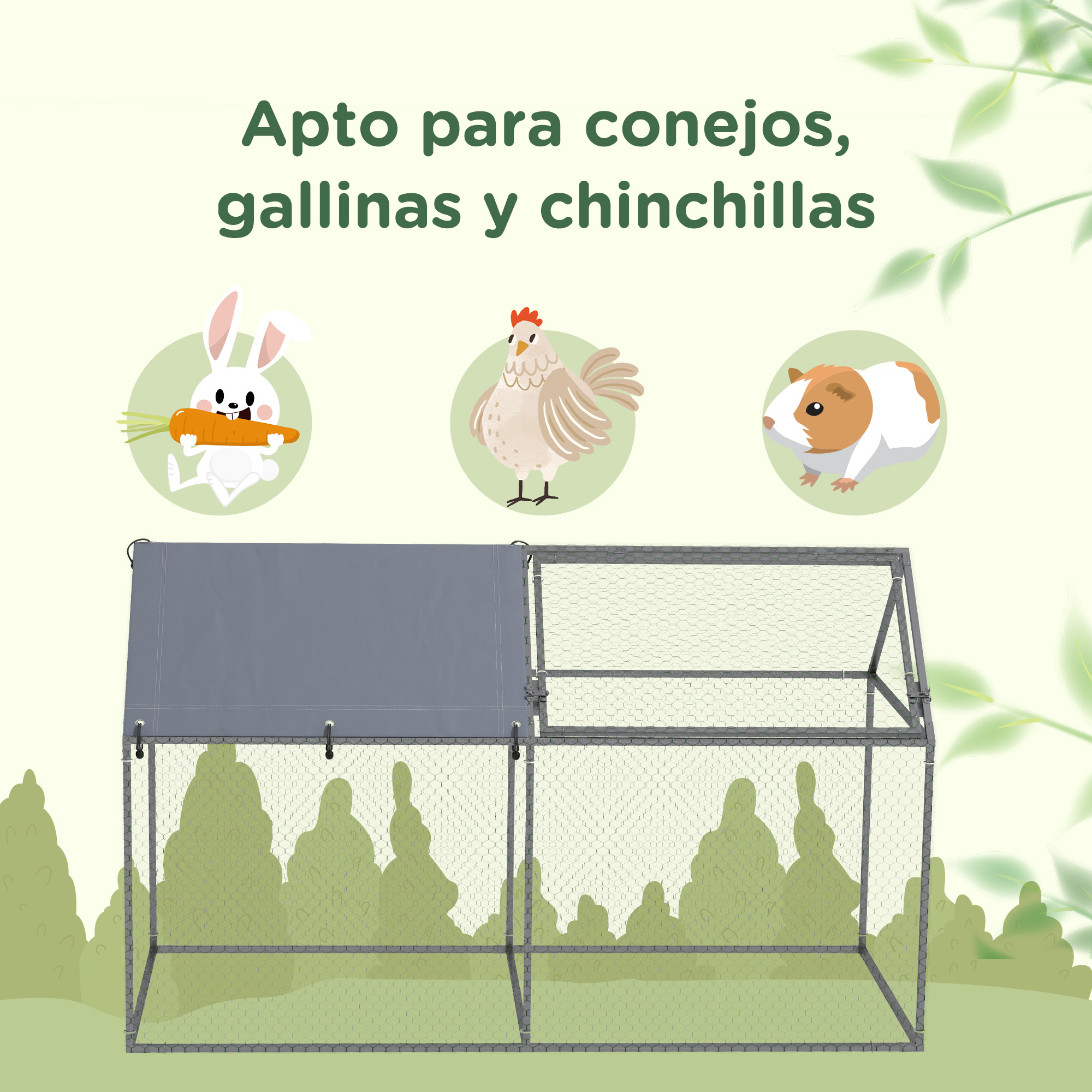 Un recinto para mascotas, adecuado para conejos, gallinas y chinchillas. Tiene techo y lados de malla metálica.