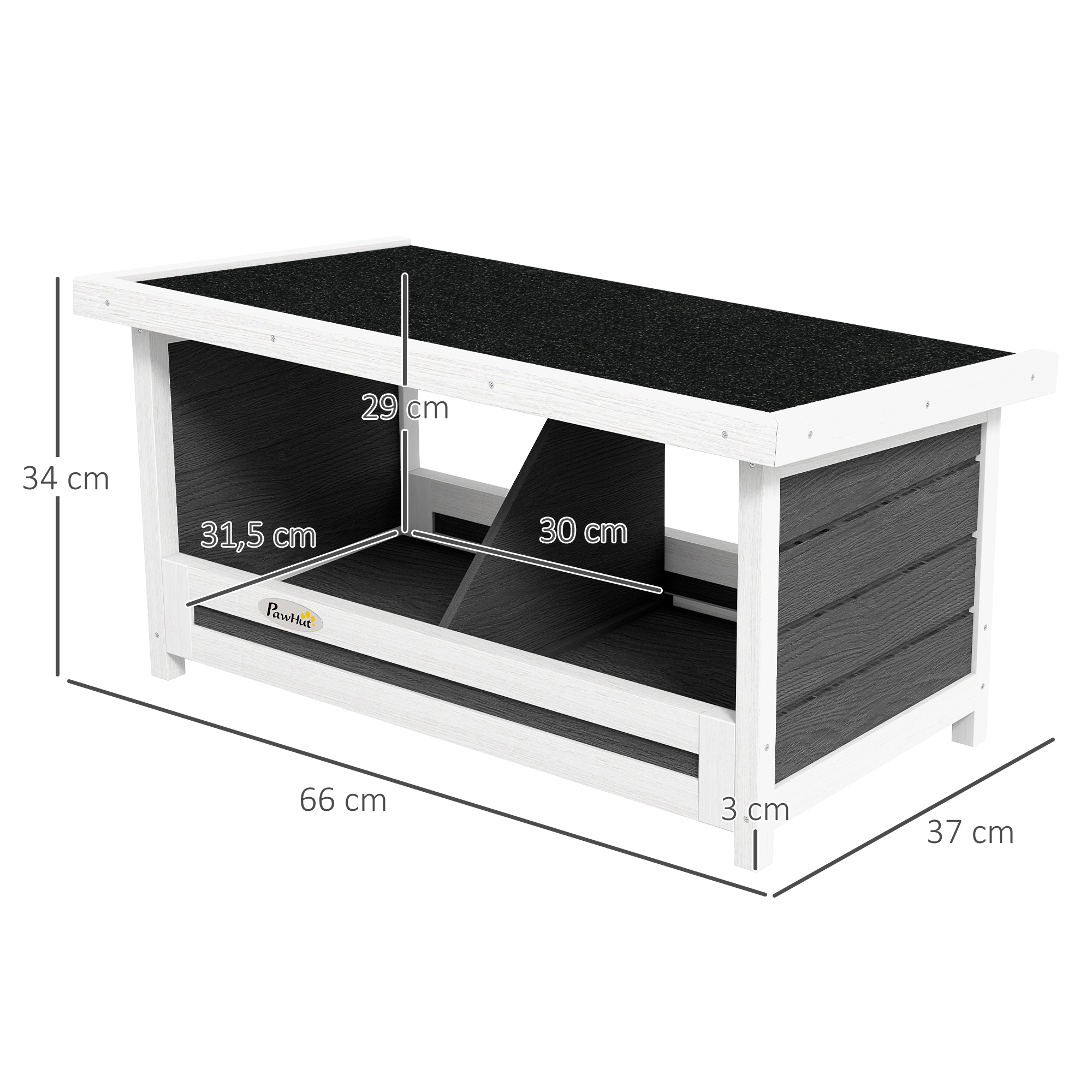 Casa de madera para mascotas con dimensiones etiquetadas. Incluye rampa y espacios.