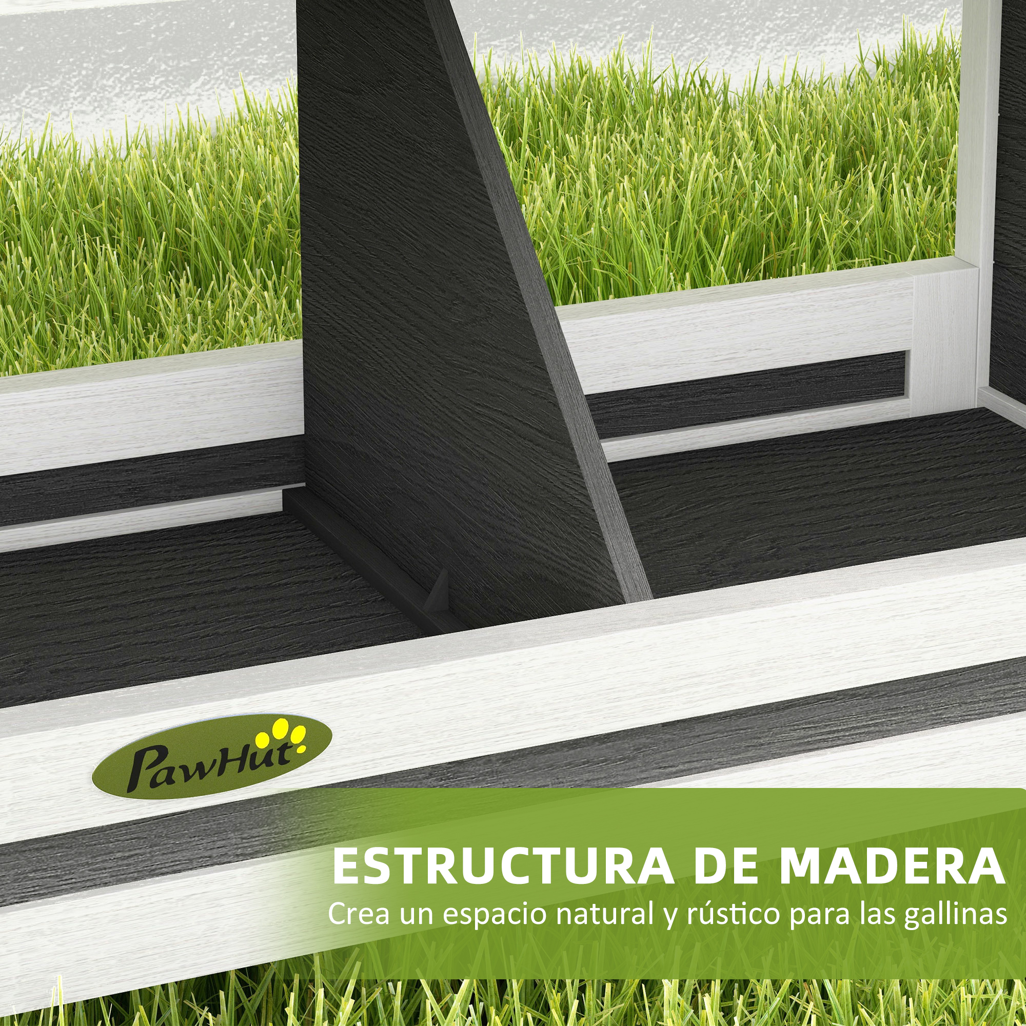 Un primer plano de paneles de madera, con colores blanco y gris. Hierba verde en el fondo.
