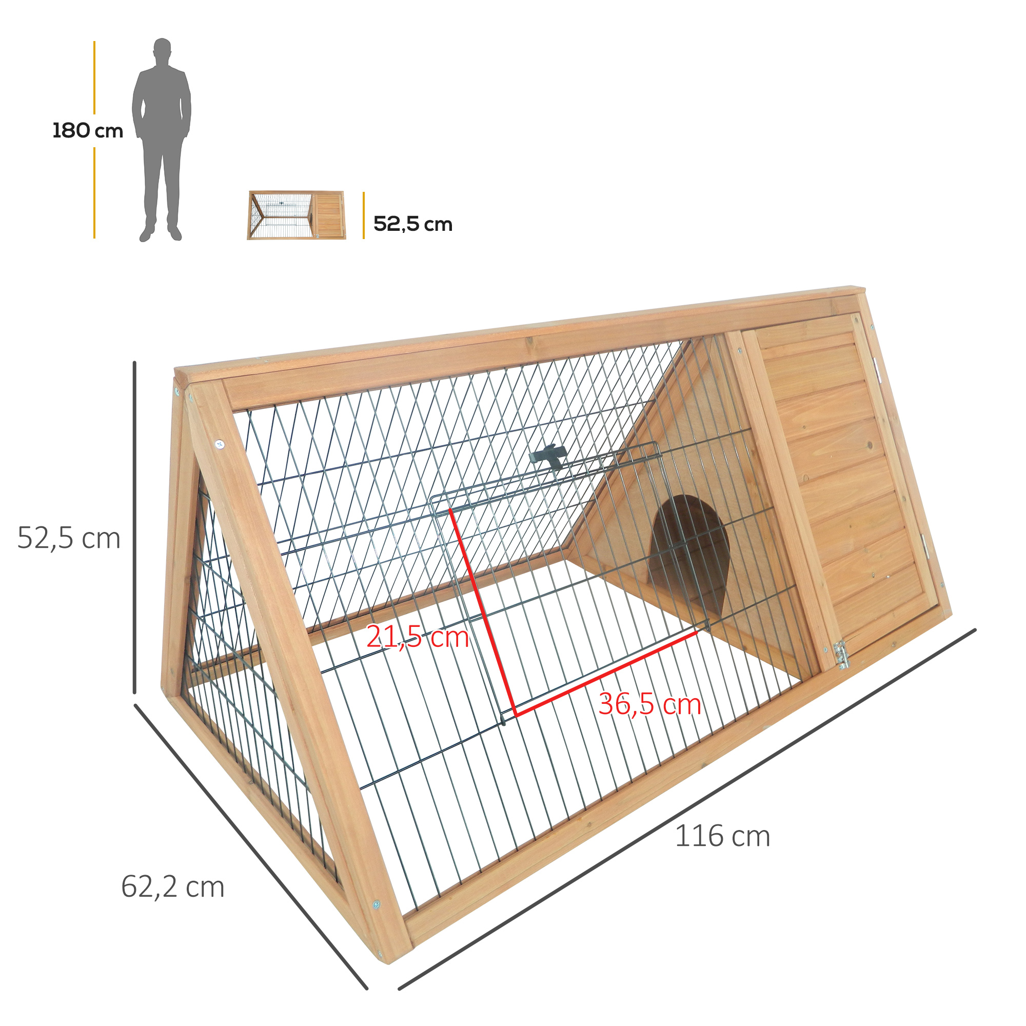 Diagrama de una conejera. Se dan las dimensiones: 116 cm de largo, 52,5 cm de alto, 62,2 cm de ancho y 35,5 cm de profundidad.