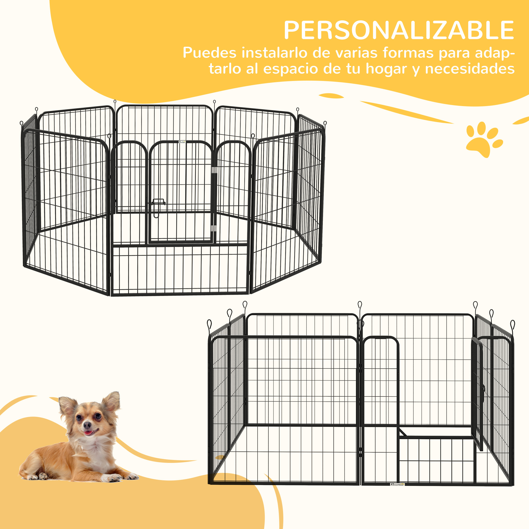 Dos parques para perros en diferentes configuraciones. También se muestra un perro pequeño.