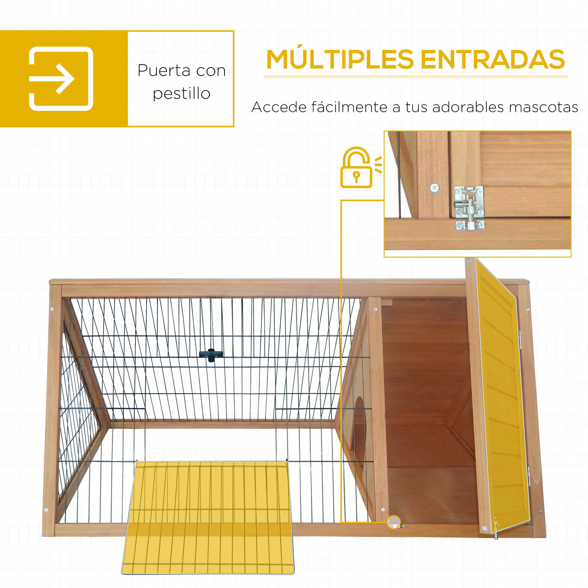 Una conejera con múltiples entradas, una puerta amarilla y una rejilla metálica, que muestra detalles.