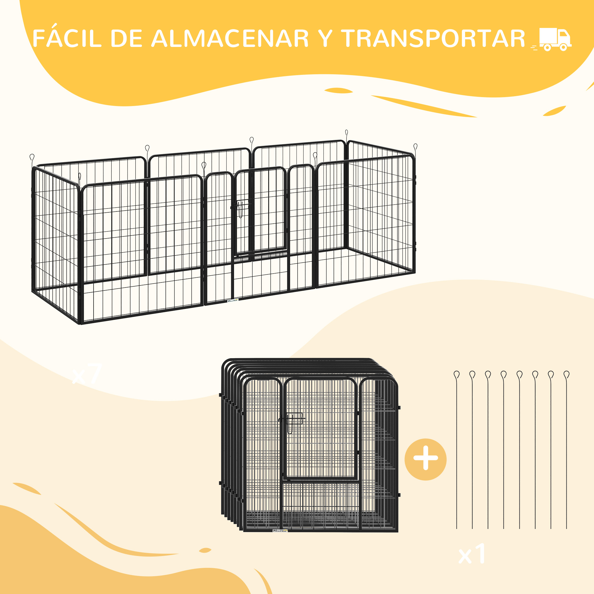 Puerta plegable negra para mascotas con accesorios. Fácil de almacenar y transportar, se muestra desmontada.