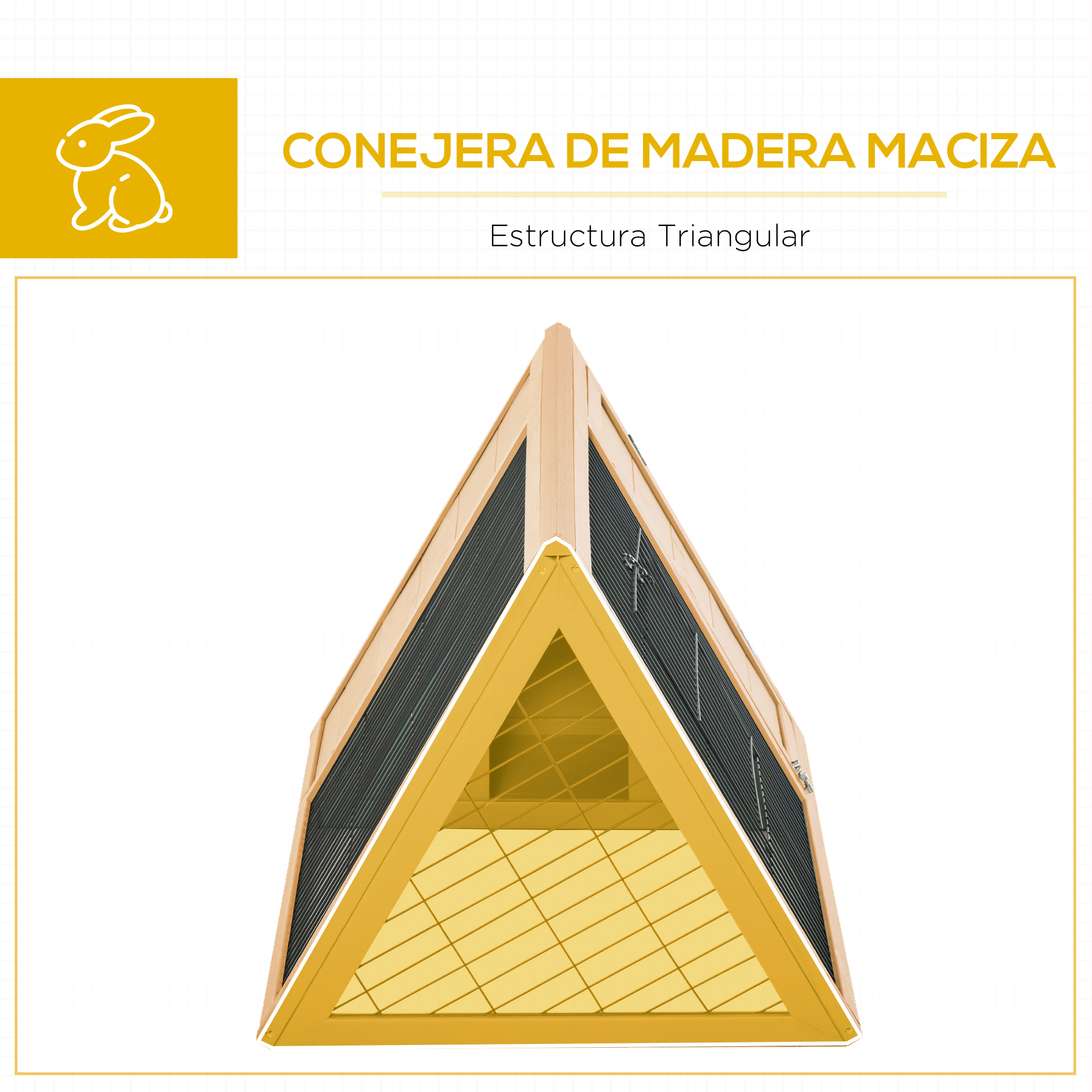 Conejera triangular de madera. Tiene un marco de madera maciza con una malla de alambre en la parte delantera y trasera.