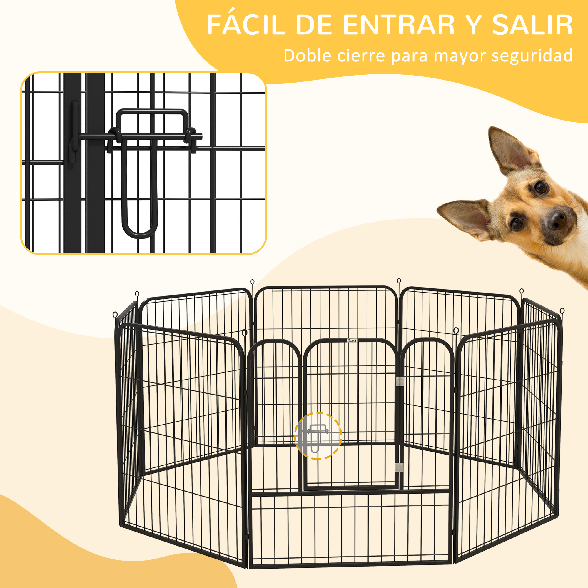 Parque para mascotas de metal negro con doble cerradura. Un perro mira por un lado.