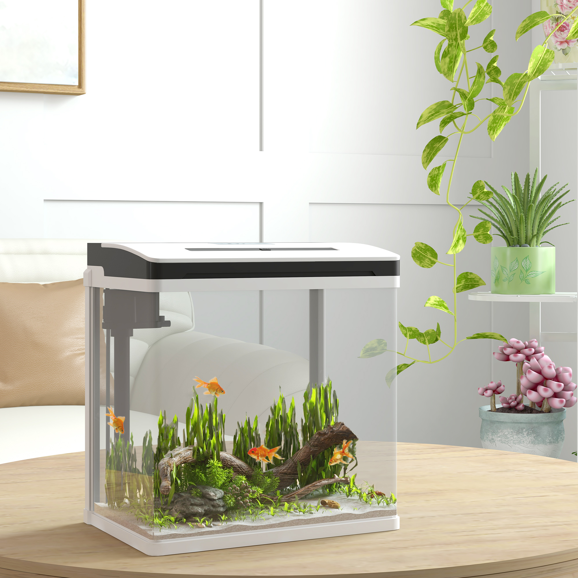 Acuario con peces dorados, plantas y madera sobre una mesa de madera.