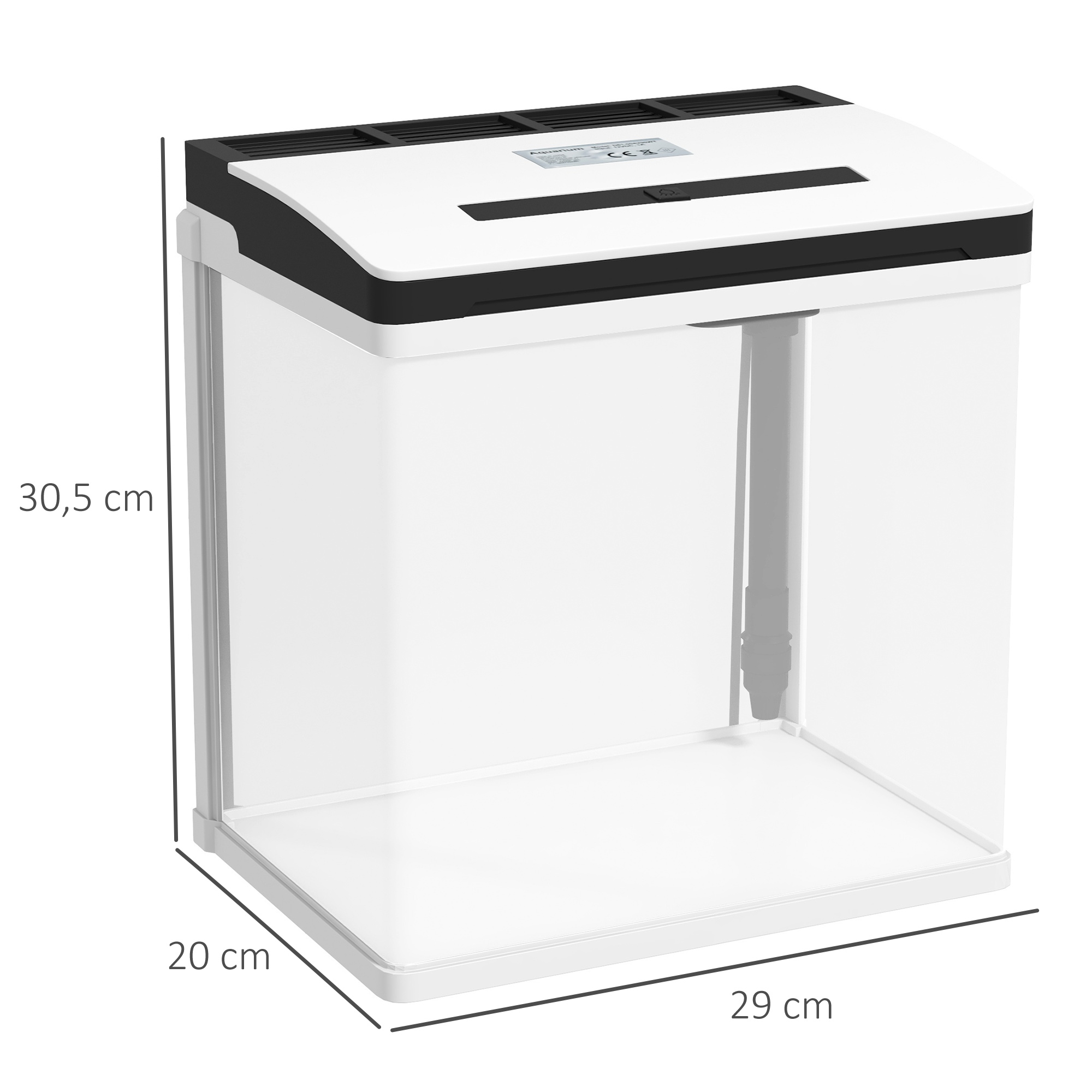 Un acuario blanco con dimensiones etiquetadas. Marco superior e inferior negro.
