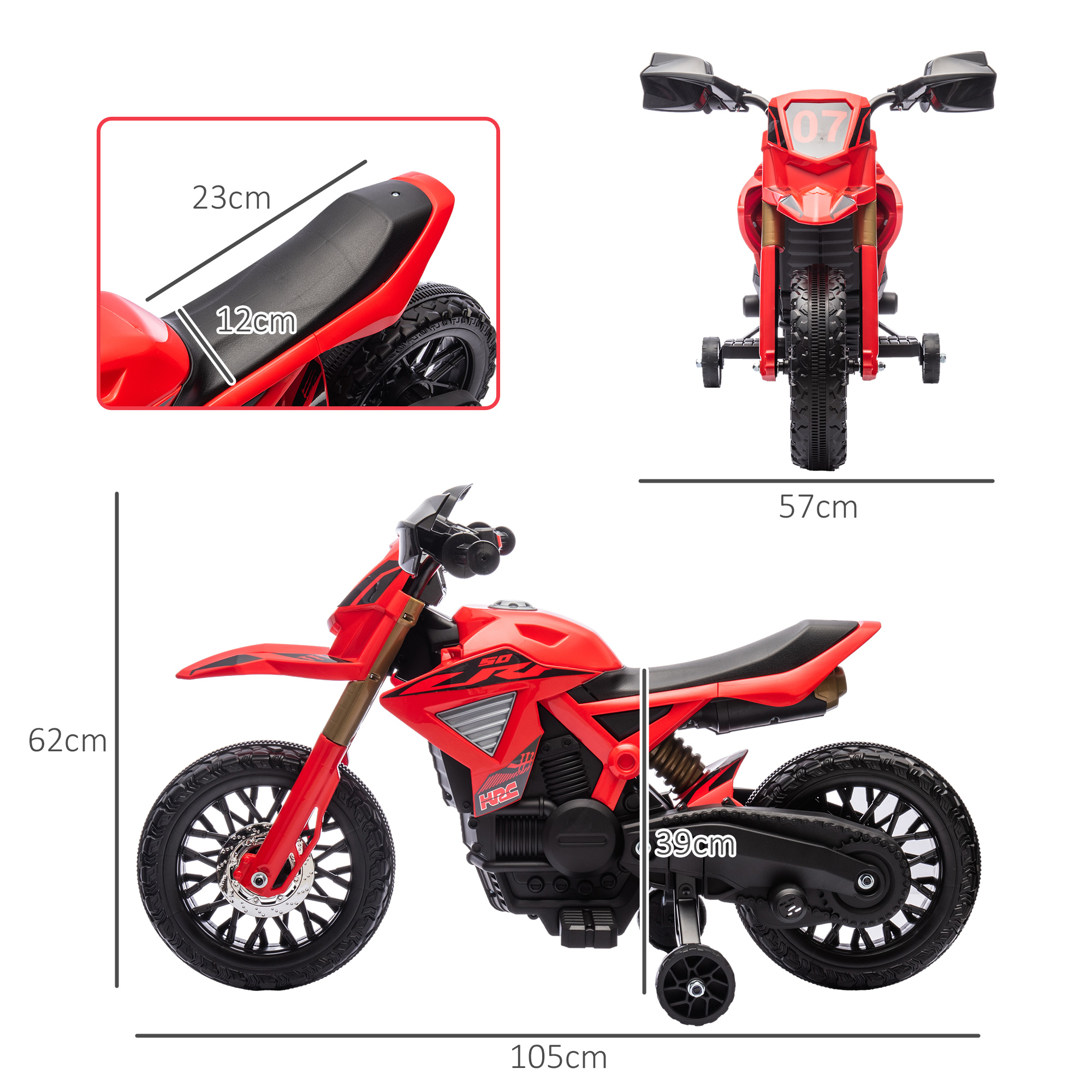 Una motocicleta de juguete roja con ruedines y dimensiones etiquetadas en centímetros.