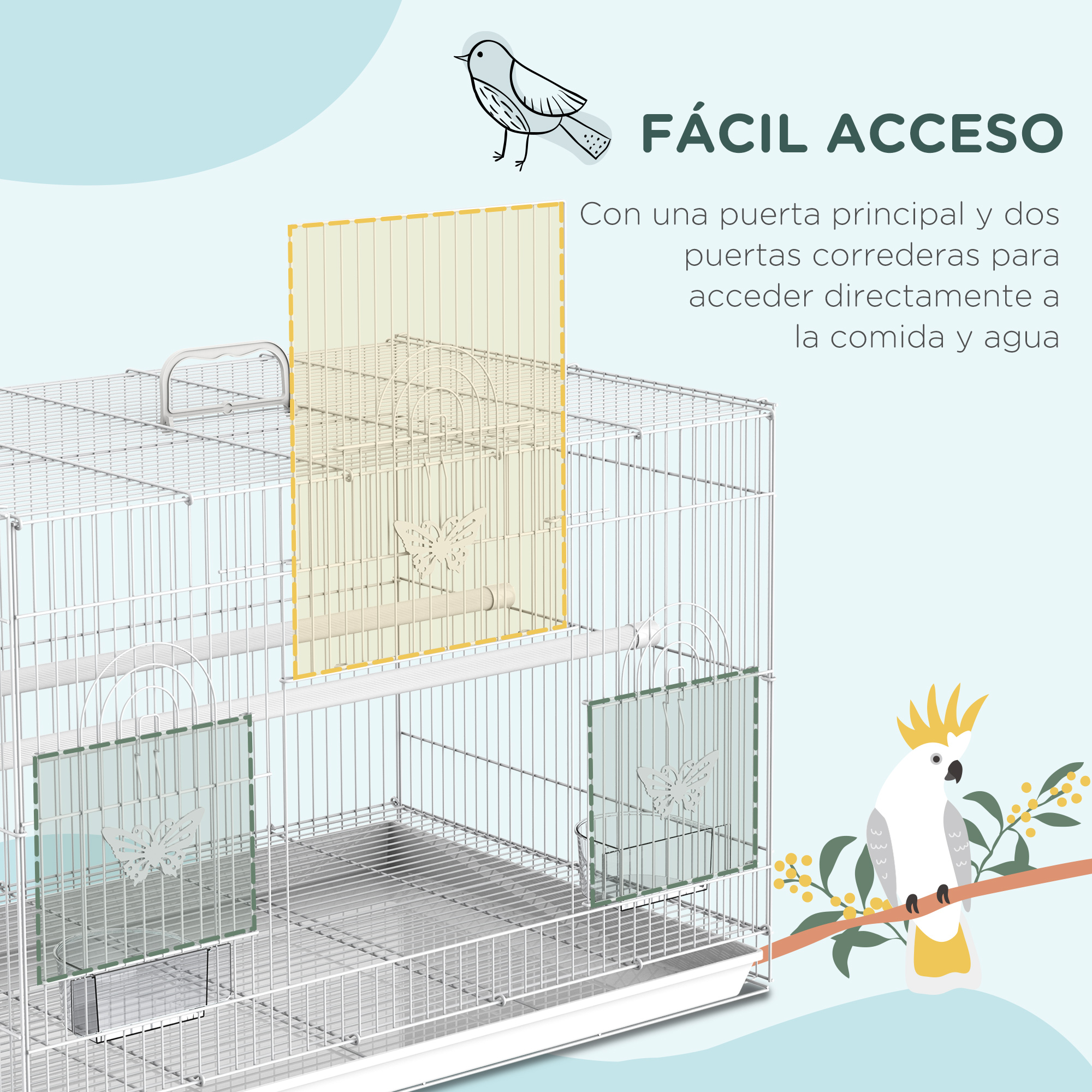 Una jaula para pájaros con puertas correderas para acceder a la comida y el agua, y una ilustración de un pájaro.