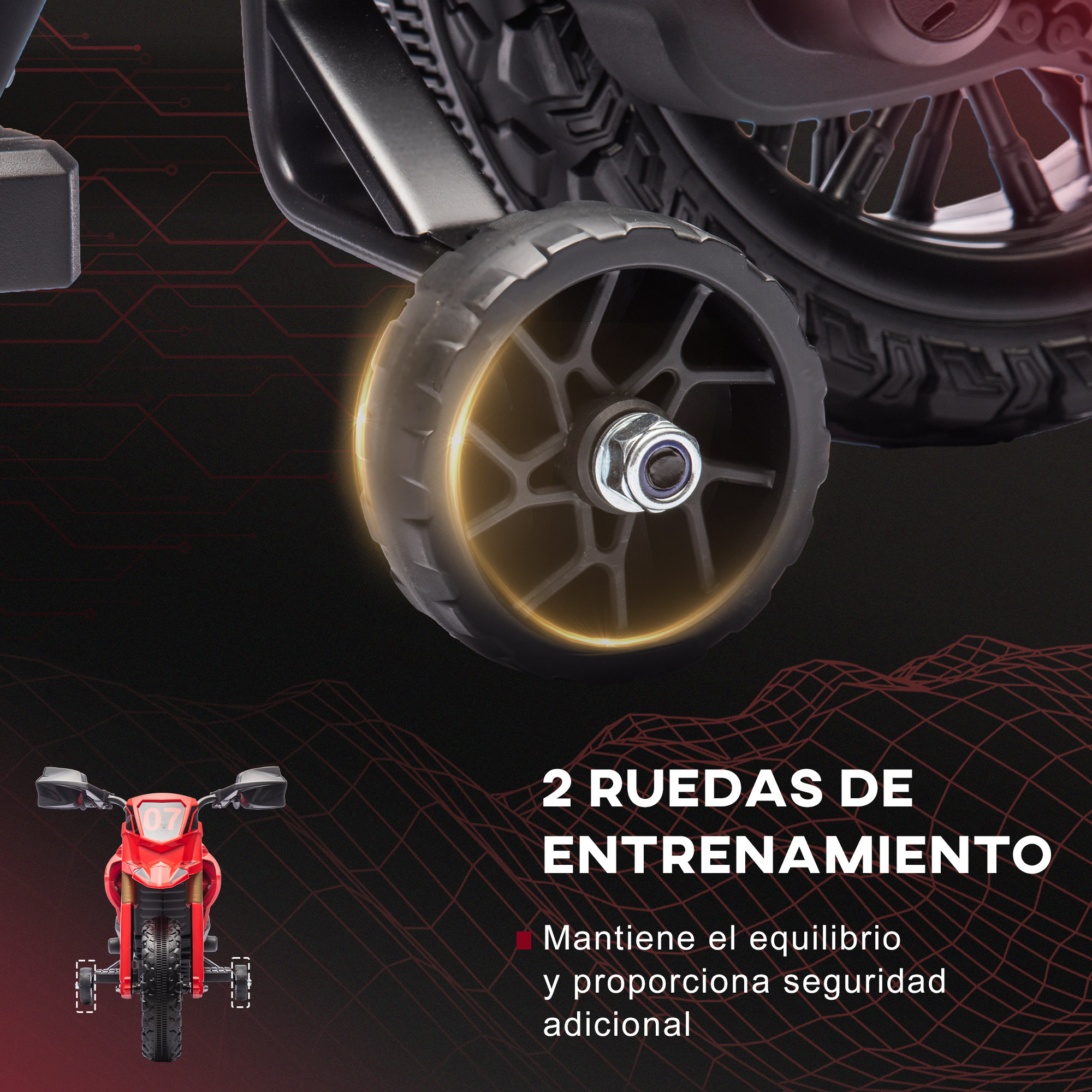 Primer plano de una rueda de motocicleta negra con ruedines, sobre fondo rojo.