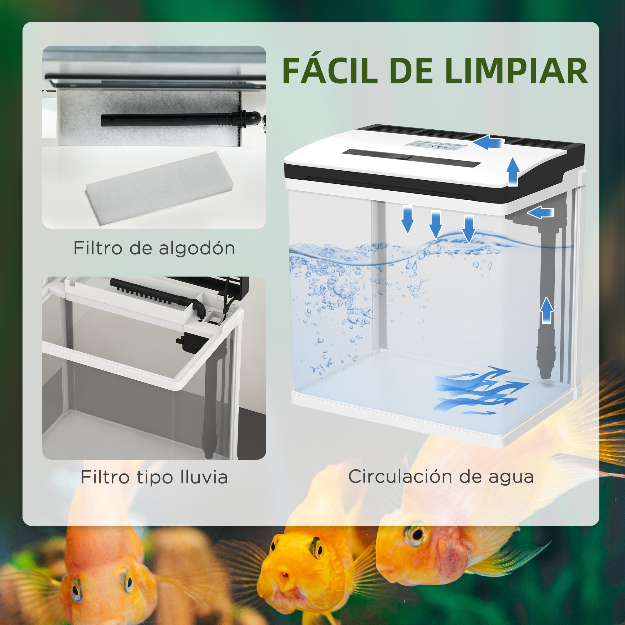 Diagrama de un acuario con circulación de agua, filtros y peces dorados.