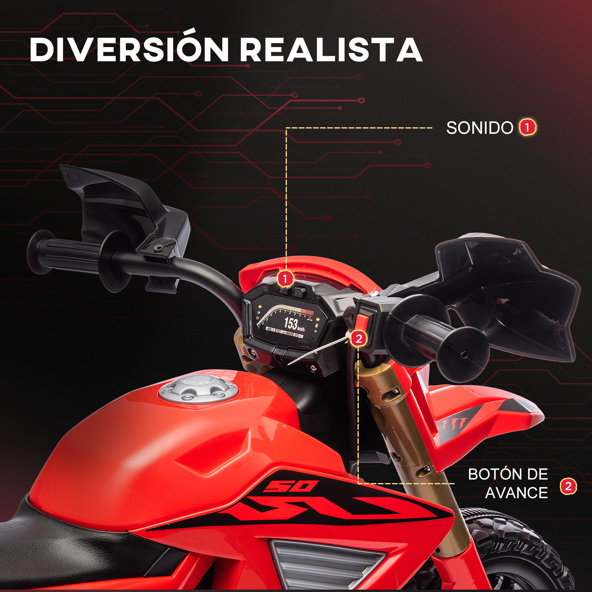 Motocicleta de juguete roja con manillar negro, salpicadero y fondo rojo.