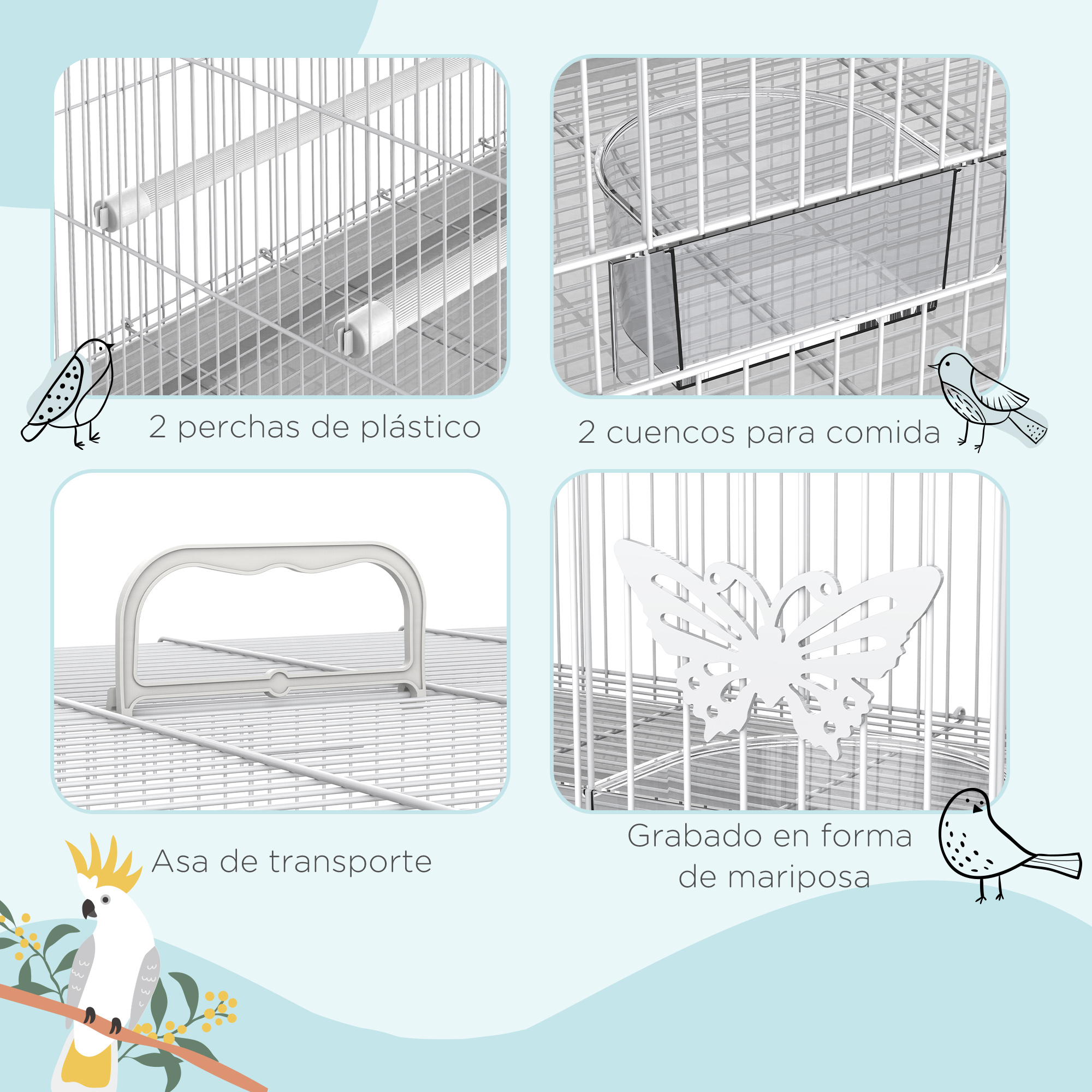 Jaula para pájaros con perchas de plástico, comederos, un asa y un diseño de mariposa. Decoraciones sobre fondo blanco.