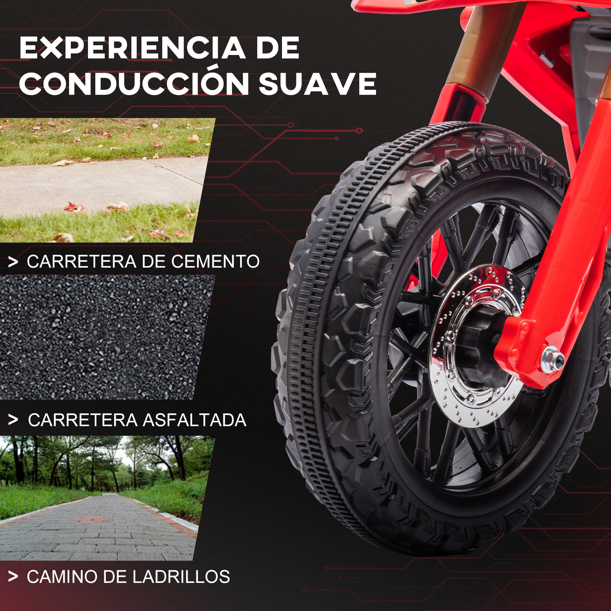 Juguete de moto con neumático detallado y marco rojo, mostrando diferentes superficies del suelo.