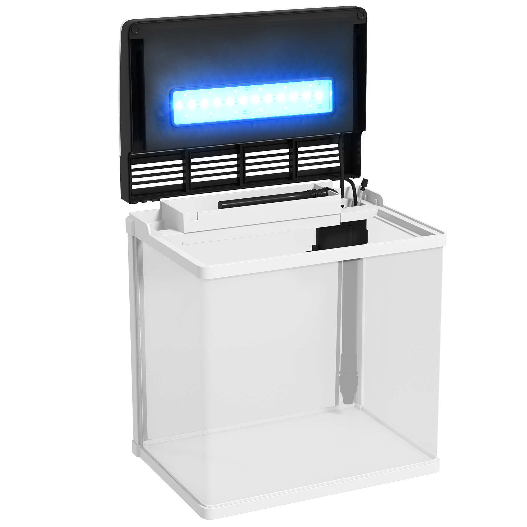 Acuario blanco con tapa negra abierta. Luces LED azules. El tanque está vacío.