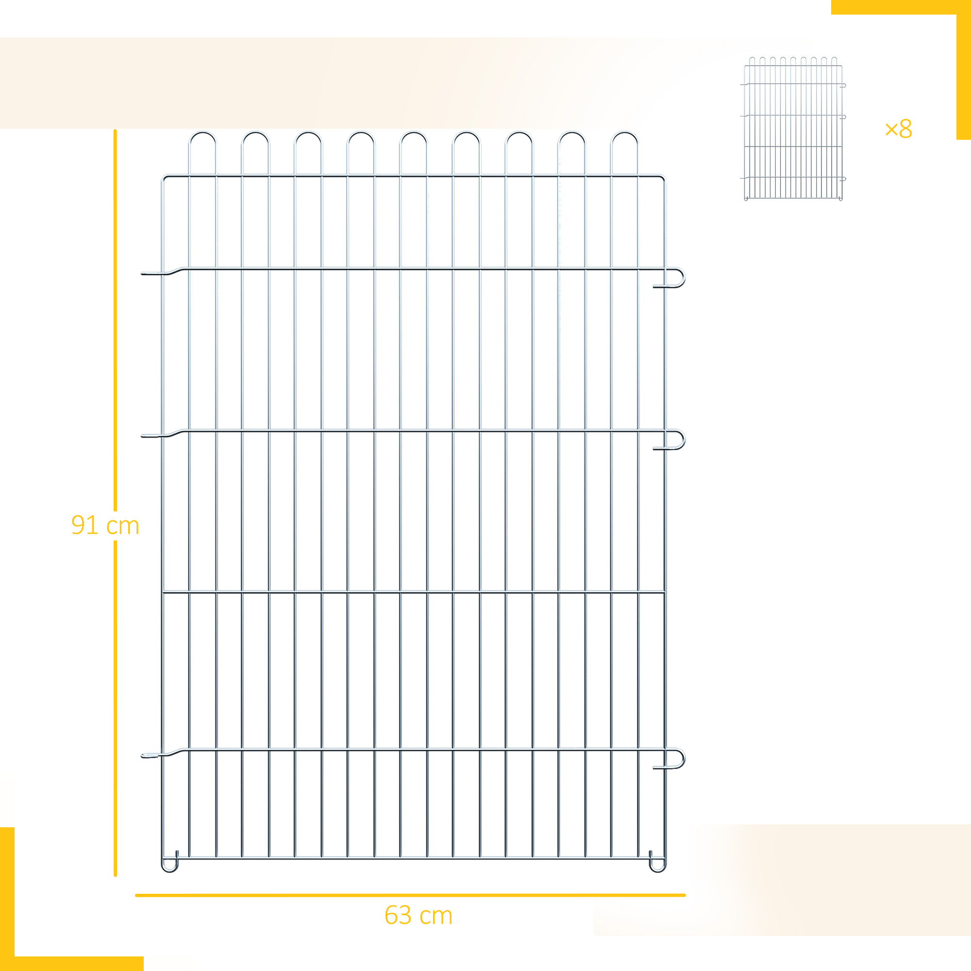 Panel de valla metálica con dimensiones: 91 cm de alto, 63 cm de ancho.