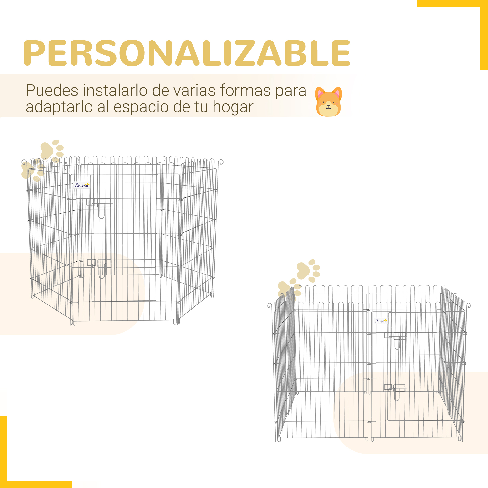 Dos vallas metálicas para perros en diferentes formas. Texto: Personalizable, se adapta a tu espacio.