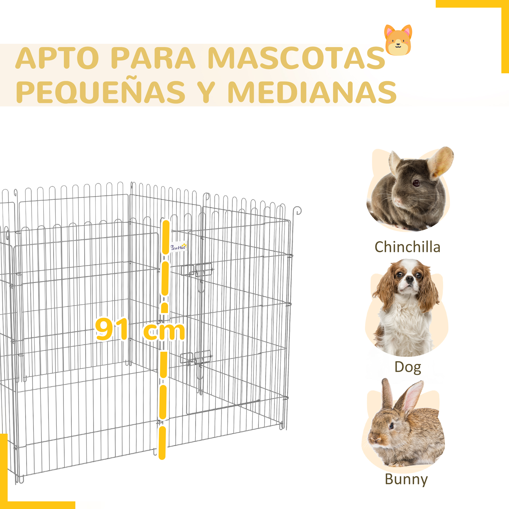 Parque para mascotas de malla de alambre. Incluye ilustraciones de chinchilla, perro y conejo. Dimensiones etiquetadas.