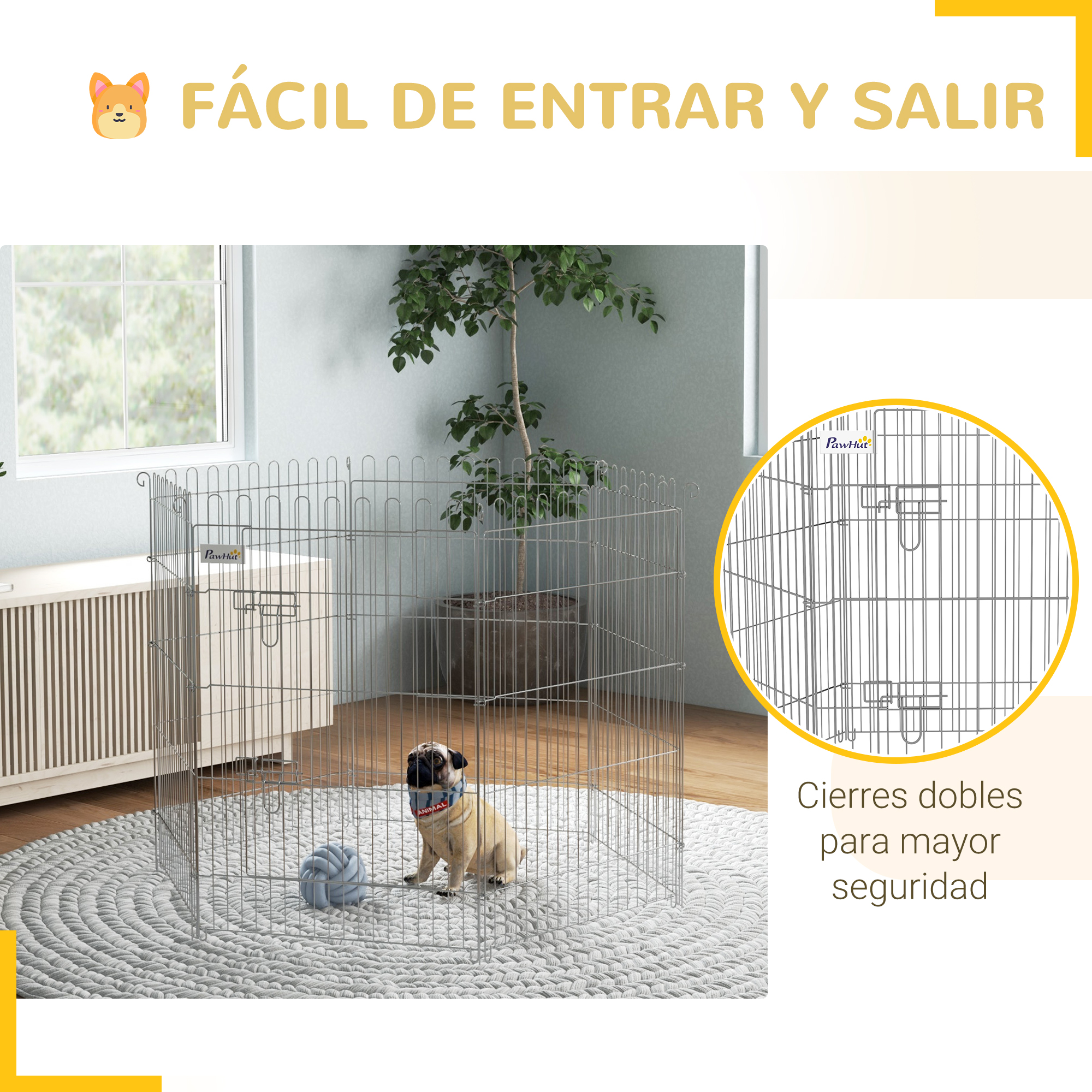 Un parque para perros hecho de barras de metal. Un carlino está dentro del parque. Un juguete azul está dentro.