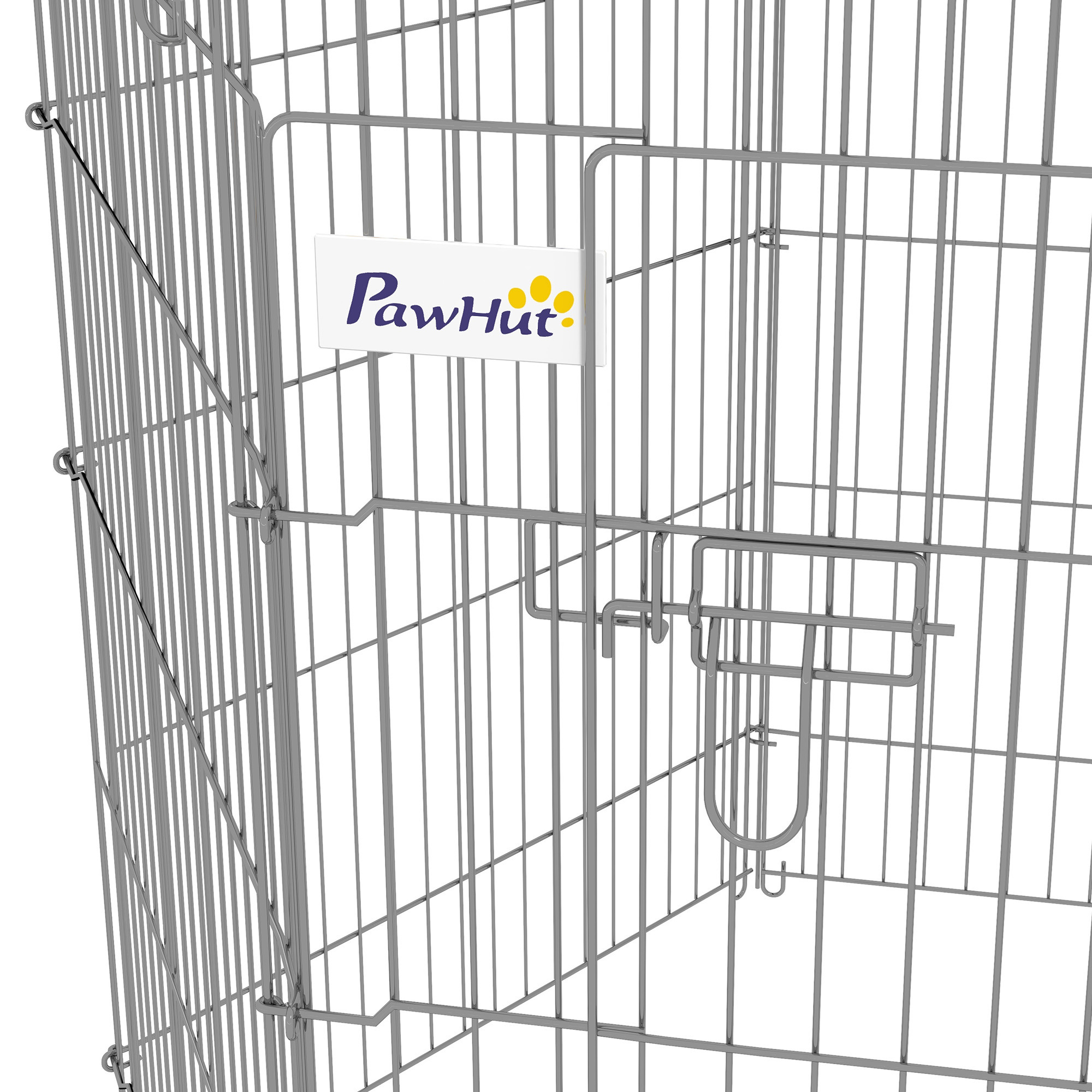 Primer plano de una jaula de metal con un letrero de PawHut. La jaula es plateada y tiene un pestillo.
