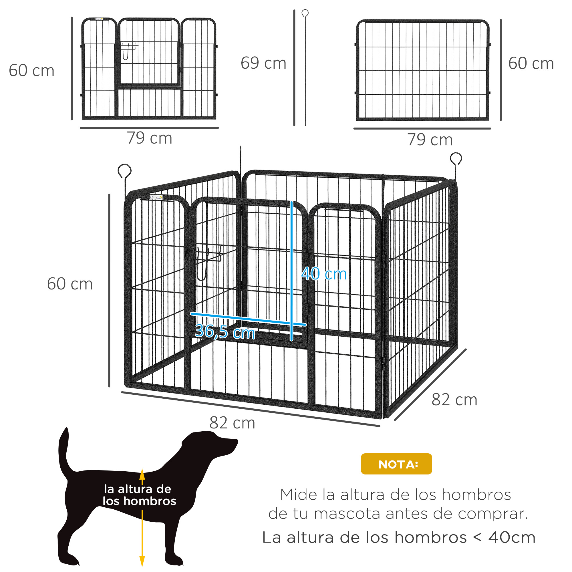 Diagrama de un recinto para mascotas con dimensiones. Una silueta de perro muestra la altura del hombro.