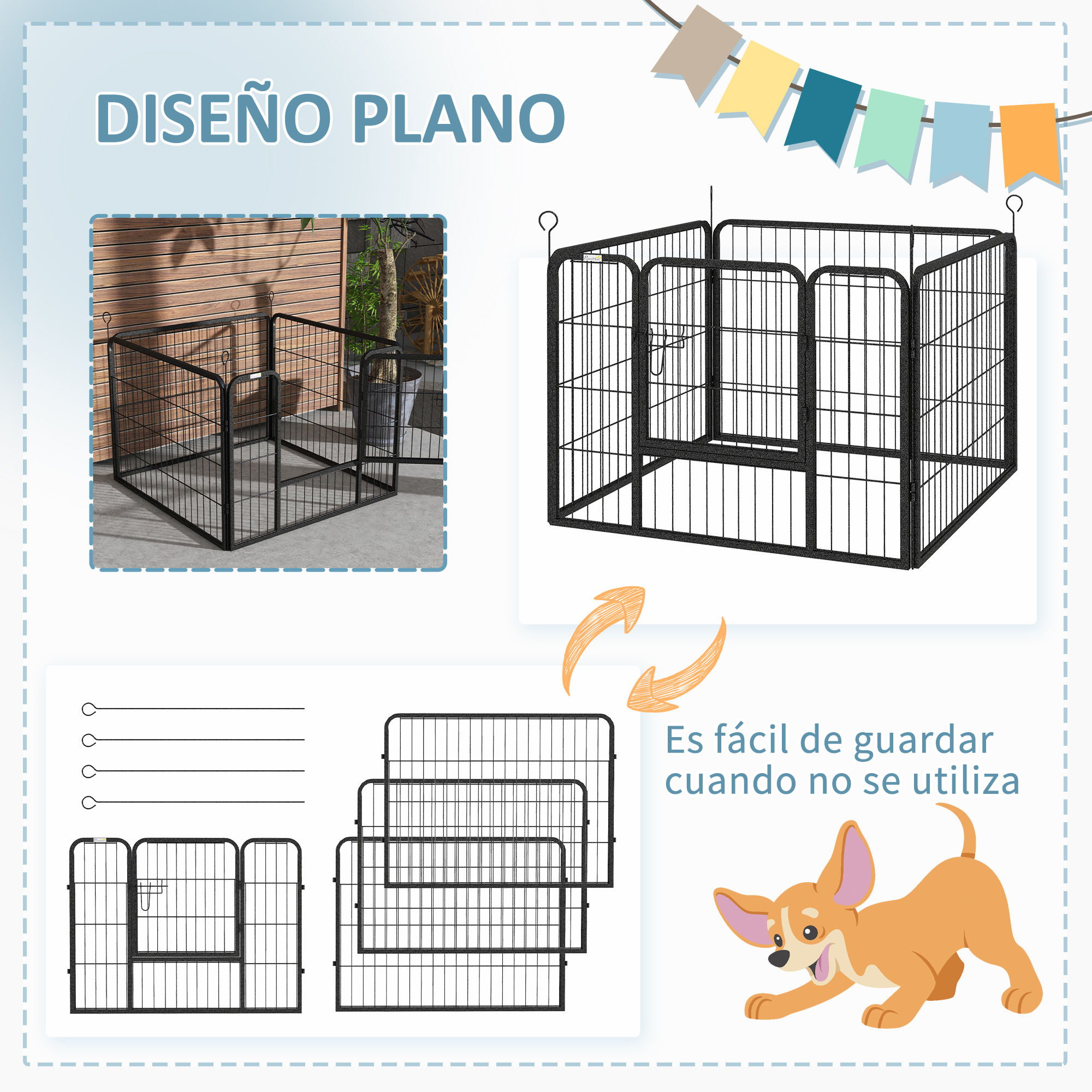 Un parque para perros de metal negro con una pequeña ilustración de un perro. El parque se puede guardar fácilmente.