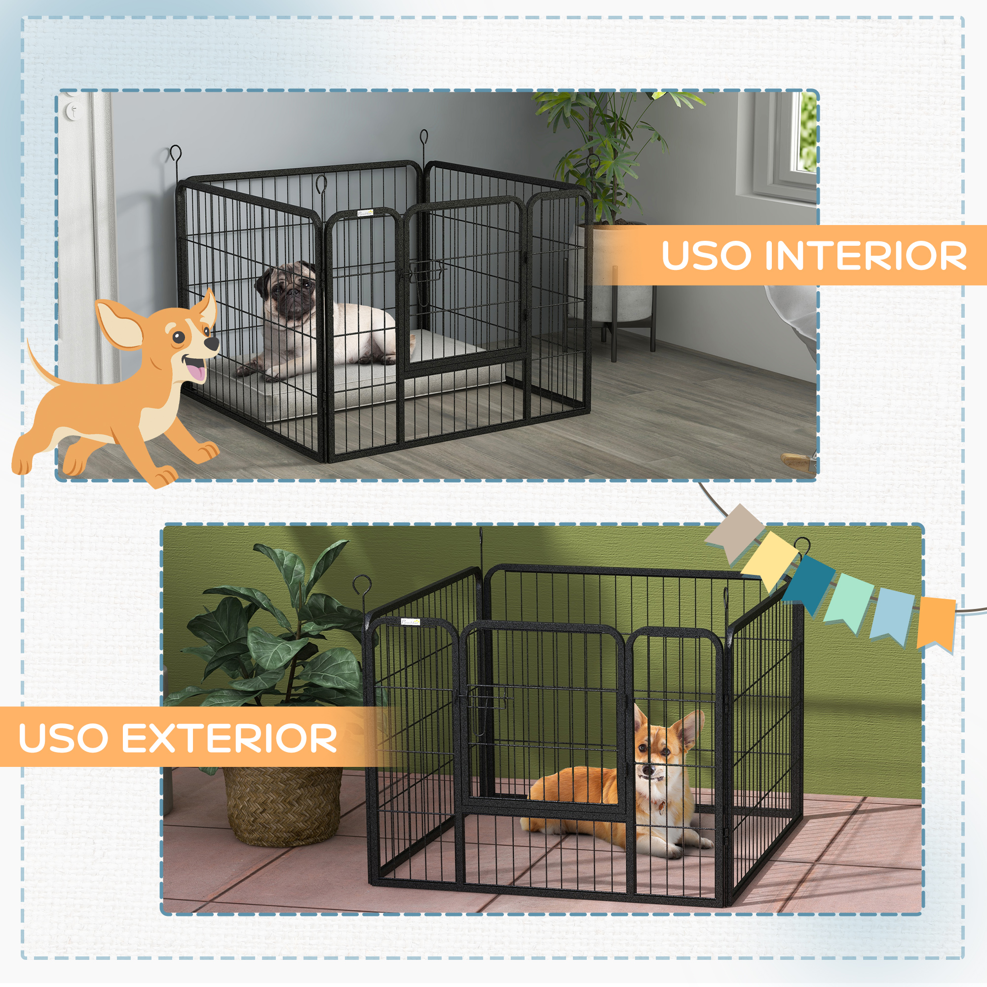 Dos parques para perros, uno interior, otro exterior. Hay perros en ambos parques, malla de alambre negra.