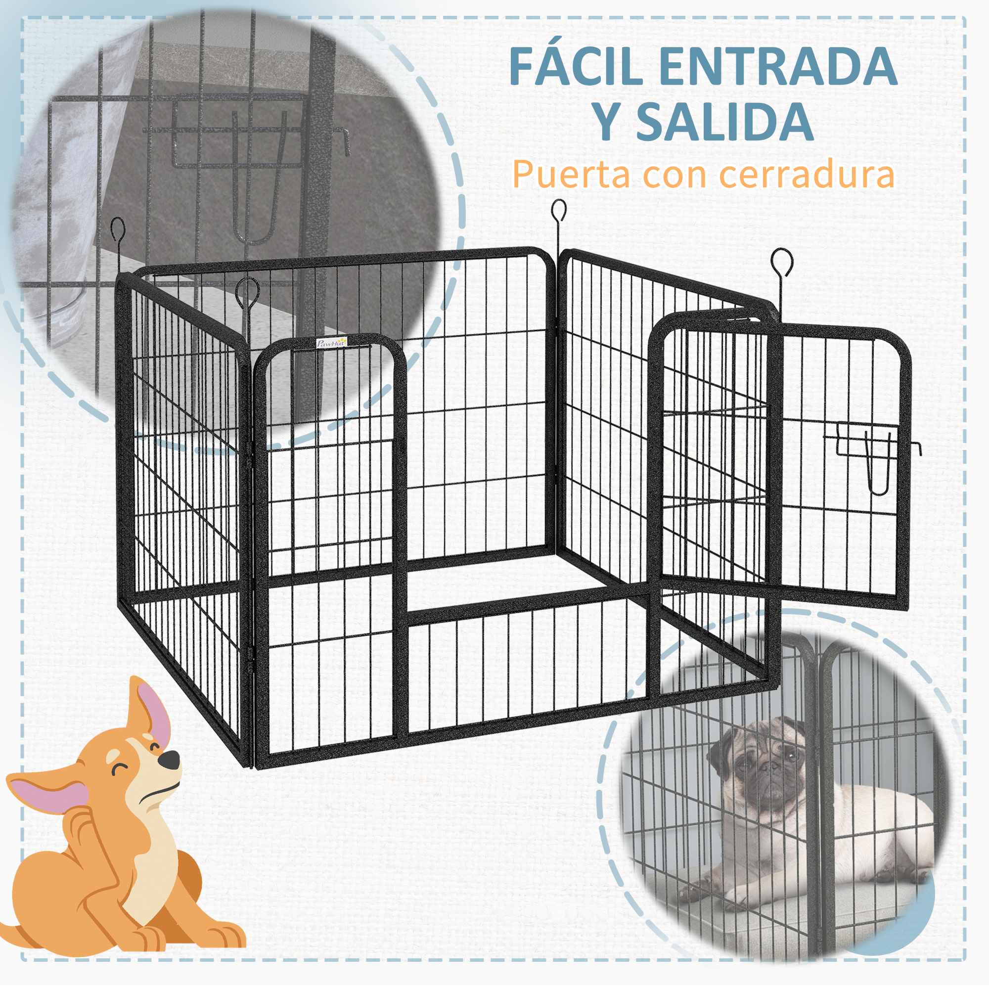Un parque para perros con puertas abiertas y perros dentro y fuera, con texto de entrada y salida fácil en español.