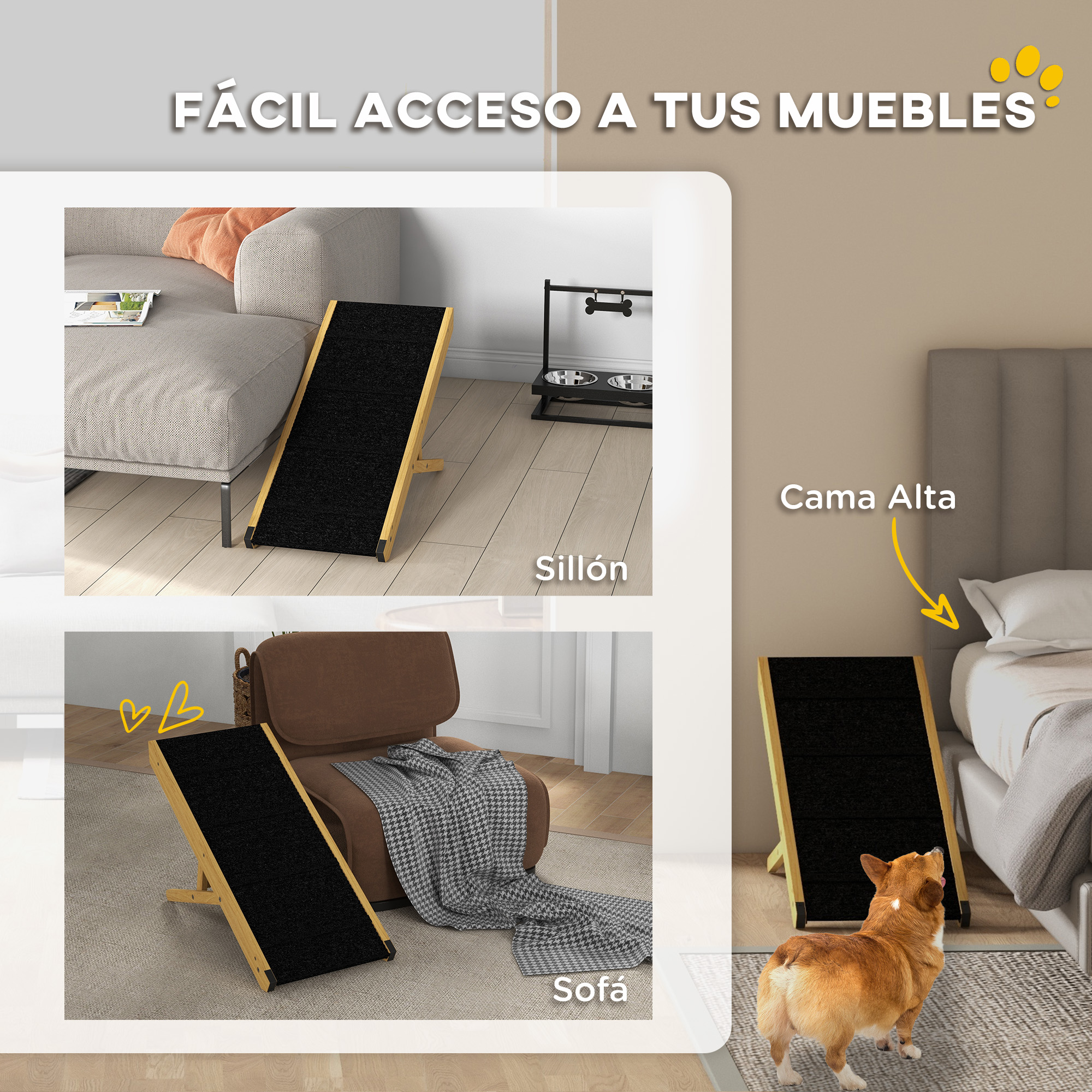 Dos rampas para mascotas, una para un sofá, la otra para una cama alta. Un perro está de pie cerca de la rampa de la cama.