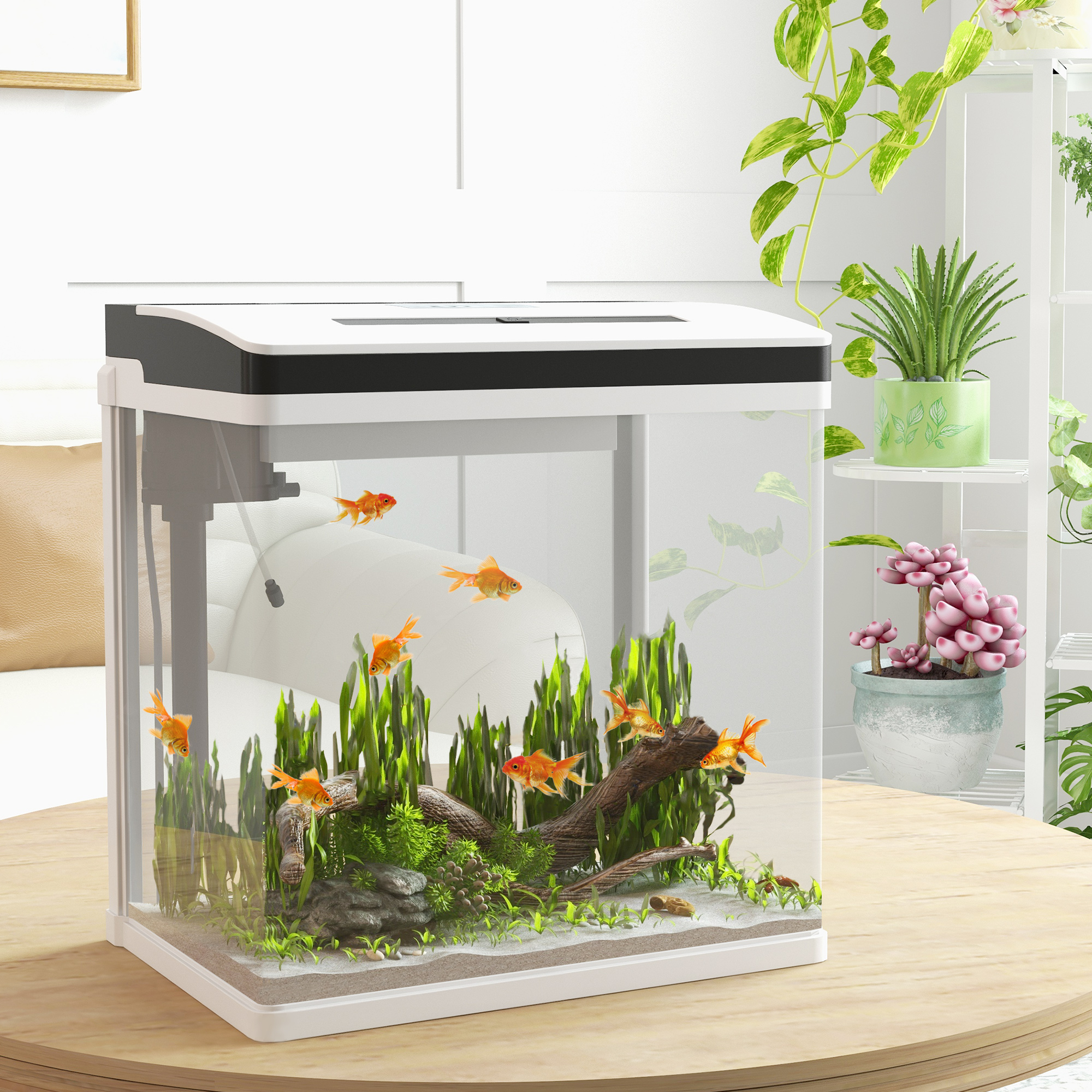 Acuario con peces, plantas y decoraciones. Está sobre una mesa de madera.