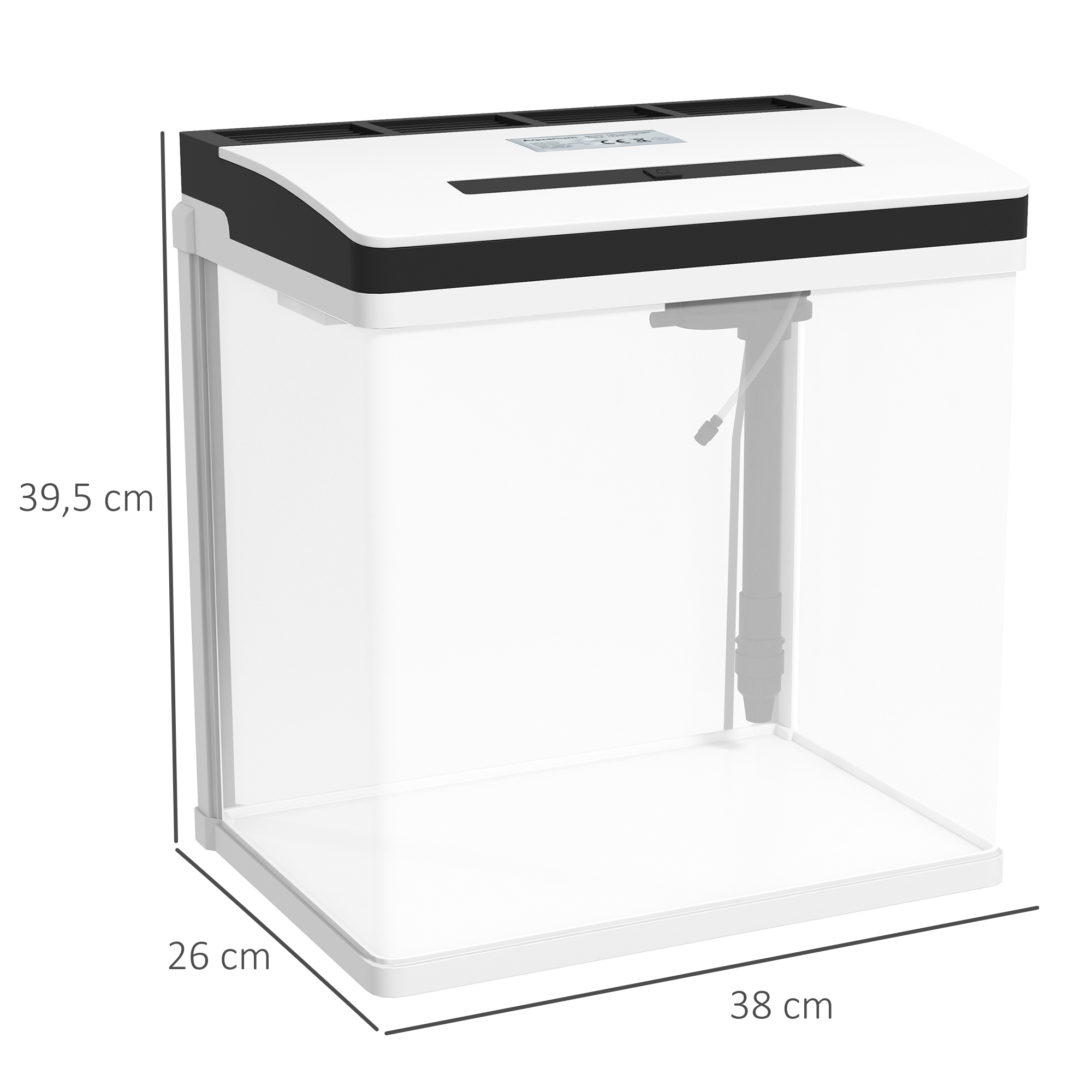 Un acuario rectangular con tapa negra y cuerpo blanco. Tiene unas dimensiones de 38 cm x 26 cm x 39,5 cm.