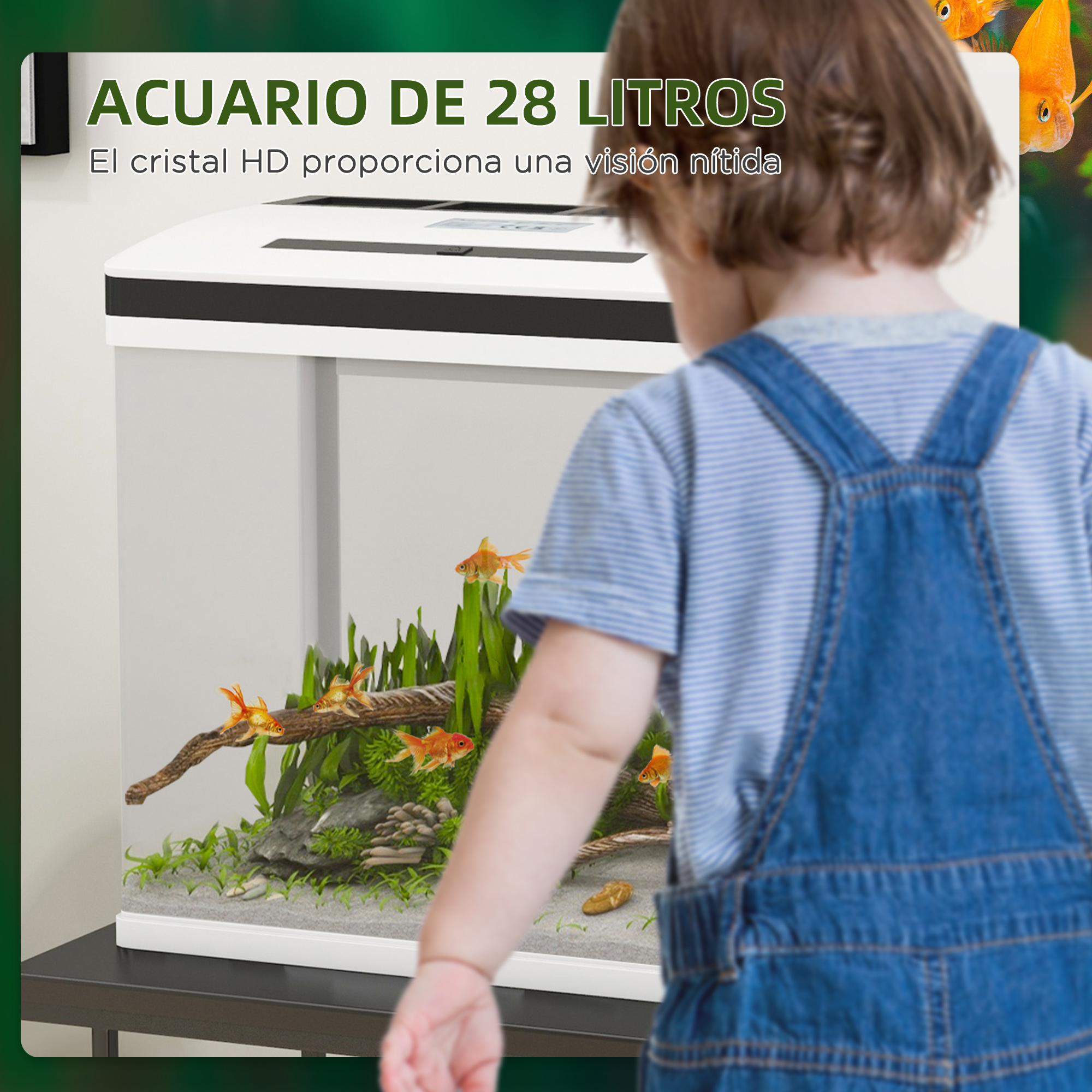 Un niño mirando un acuario con peces. El acuario es blanco con tapa negra y contiene peces.