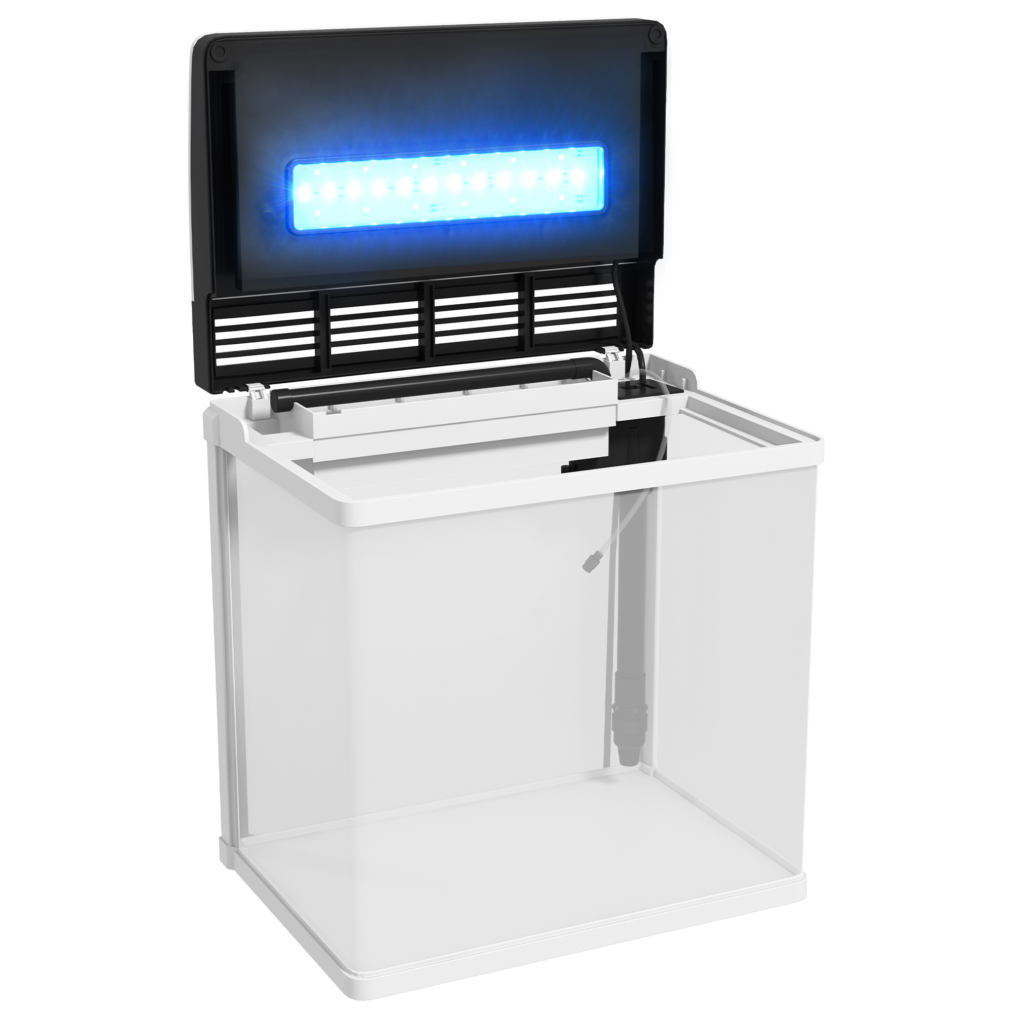 Acuario blanco con tapa negra abierta y luces LED azules. Paneles frontales y laterales transparentes sobre fondo blanco.