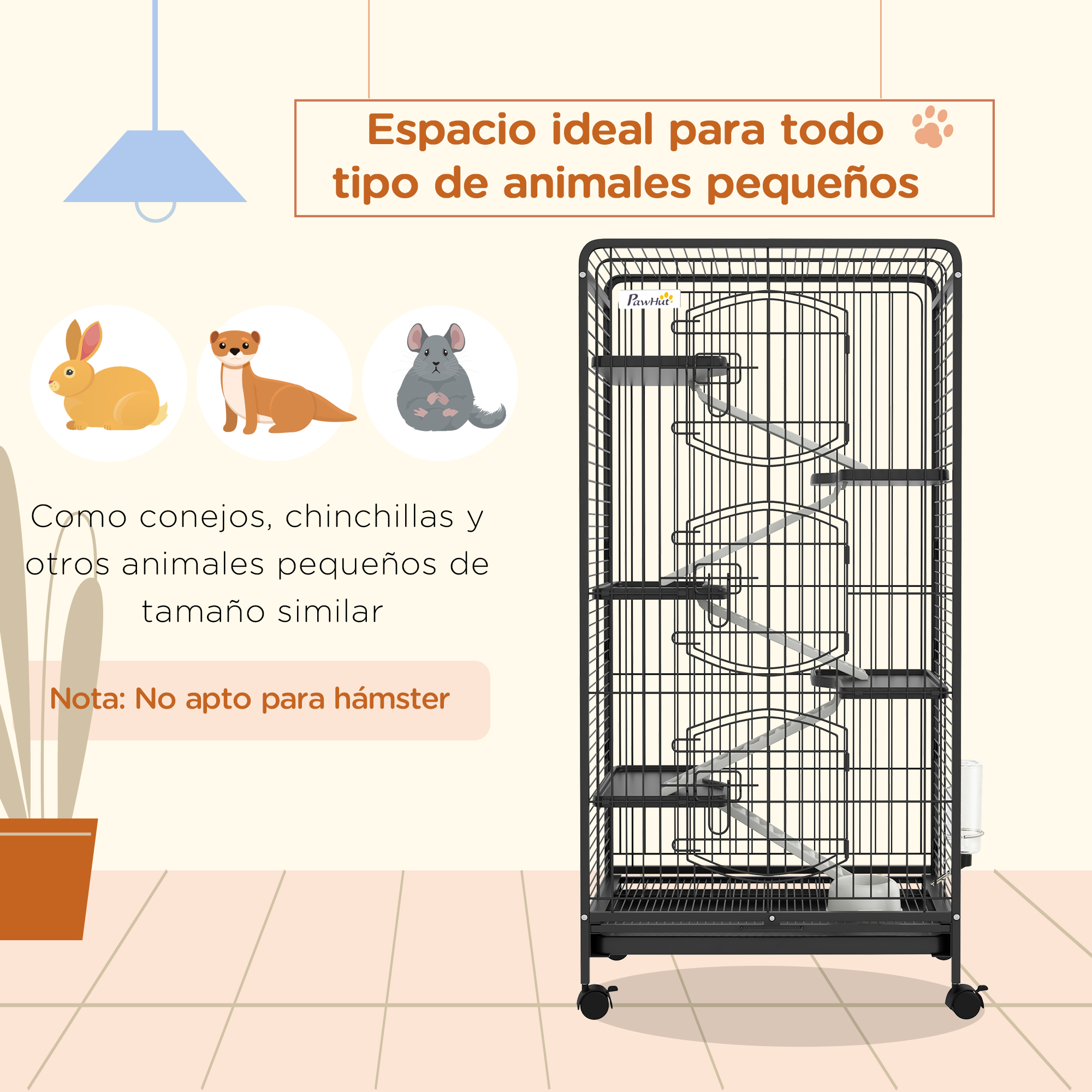 Una jaula alta de metal negro para mascotas con múltiples niveles. Se muestran conejos, chinchillas y otros animales pequeños.