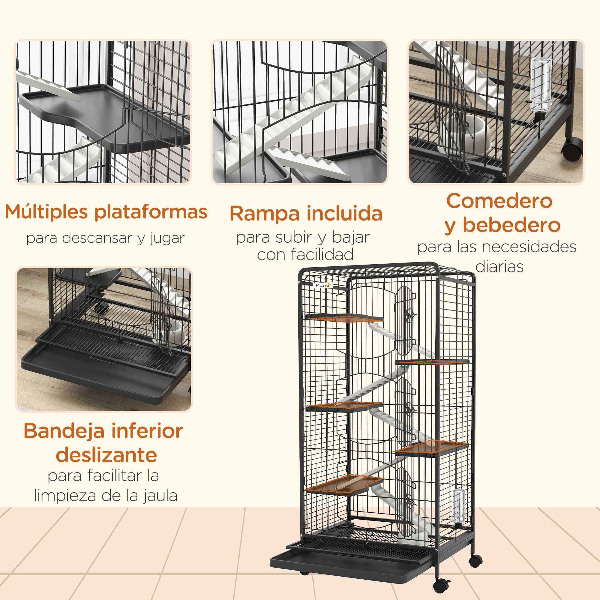 Una jaula negra para gatos con múltiples plataformas, rampa, comedero/bebedero y bandeja inferior deslizante.