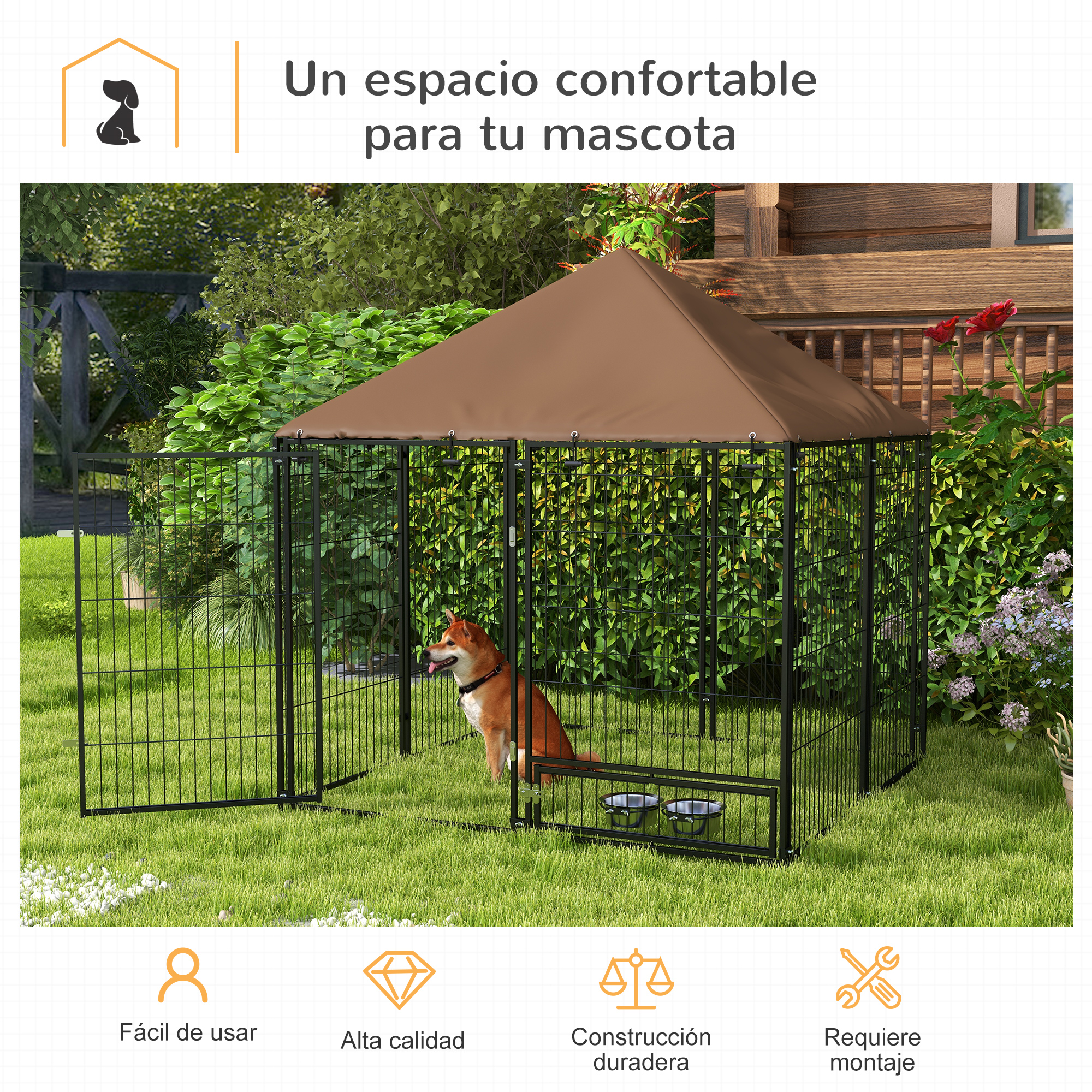 Un perro sentado en un parque negro. El texto indica que es fácil de usar y de alta calidad.